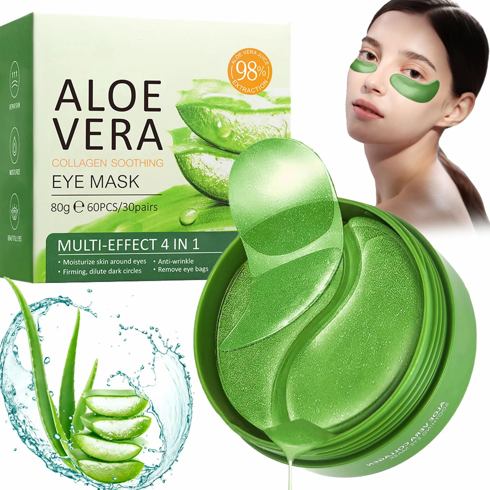 Patchs Yeux Anti Cernes 60 Pièces Aloe Vera Anti Poches Homme Femme Masque Réutilisable Hydratant Lissant