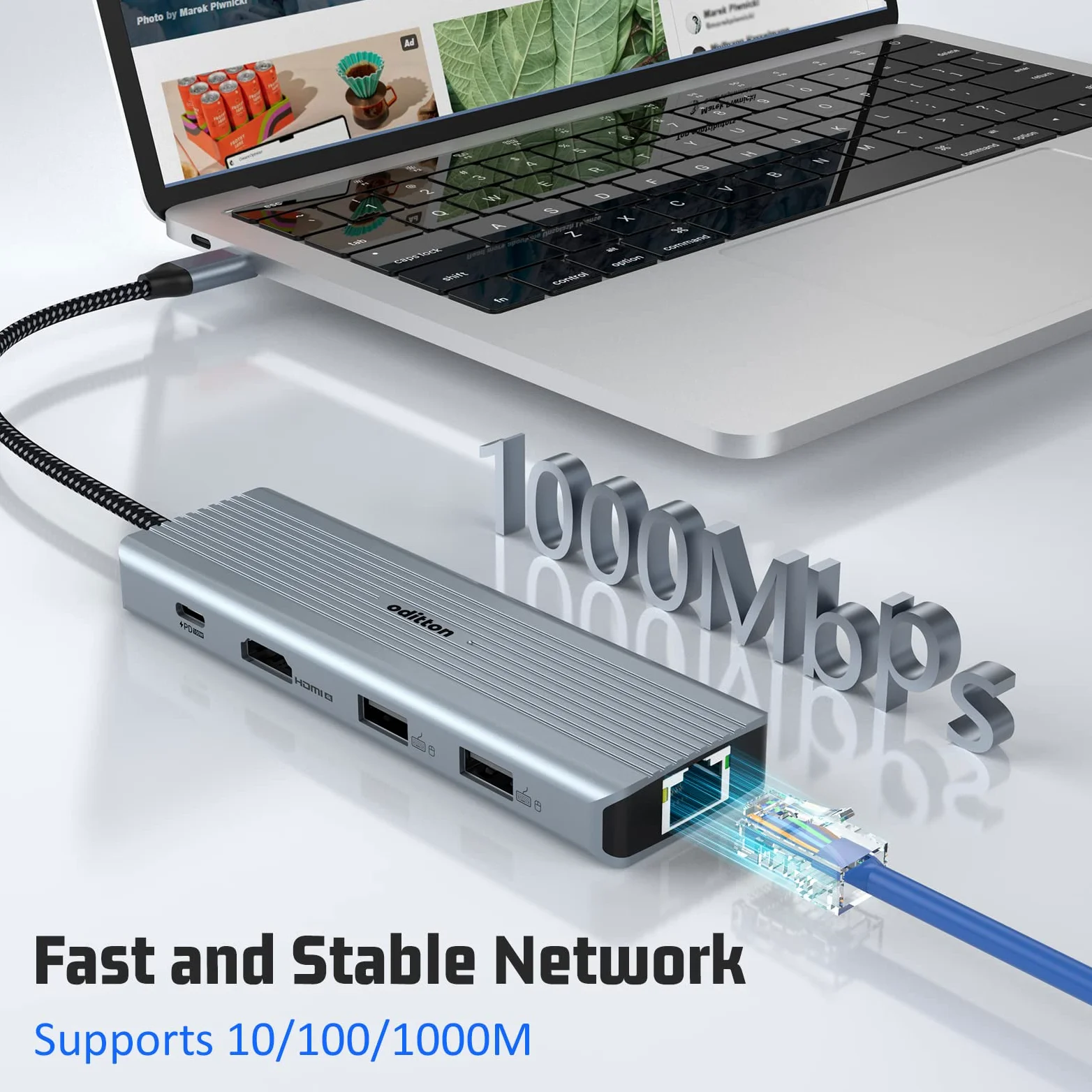 Hub USB C, oditton 10 en 1 Adaptateur USB C avec HDMI 4K, 2* USB-A 3.0, 2* USB-A 2.0, 5Gbps USB-C Port de Données, 100W PD, Ethernet, Parte SD/TF Station d'accueil pour MacBook, iMac, et Plus.