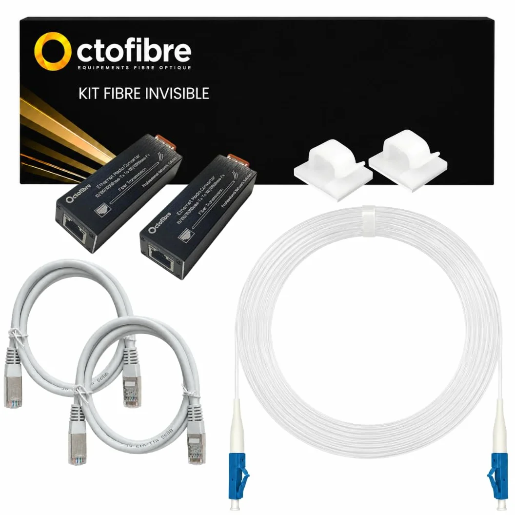 Kit de Liaison Ethernet Invisible – 2 Convertisseurs Médias SFP USB-C + Câble fibre invisible 40M LC/UPC + 2 Câbles RJ45 + 40 clips adhésifs – Liaison 1Gbps Sans Perçage – Plug & Play