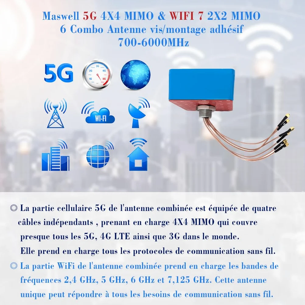 Maswell Antenne extérieure 6-en-1 4X4 MIMO 5G + WiFi 7 2X2 MIMO, Faible Gain 3dBi 700-6000 MH in, avec WiFi 6E, Bluetooth, WiMAX et Zigbee, Montage à vis et adhésif, SMA et RP-SMA