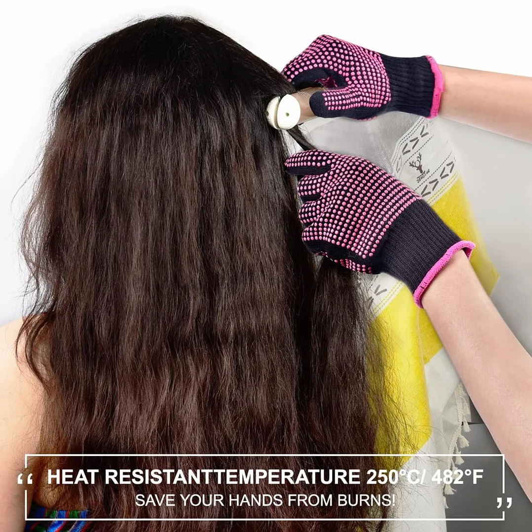 Gants Anti Chaleur et Coussin Anti-brûlure pour Coiffure, Rose