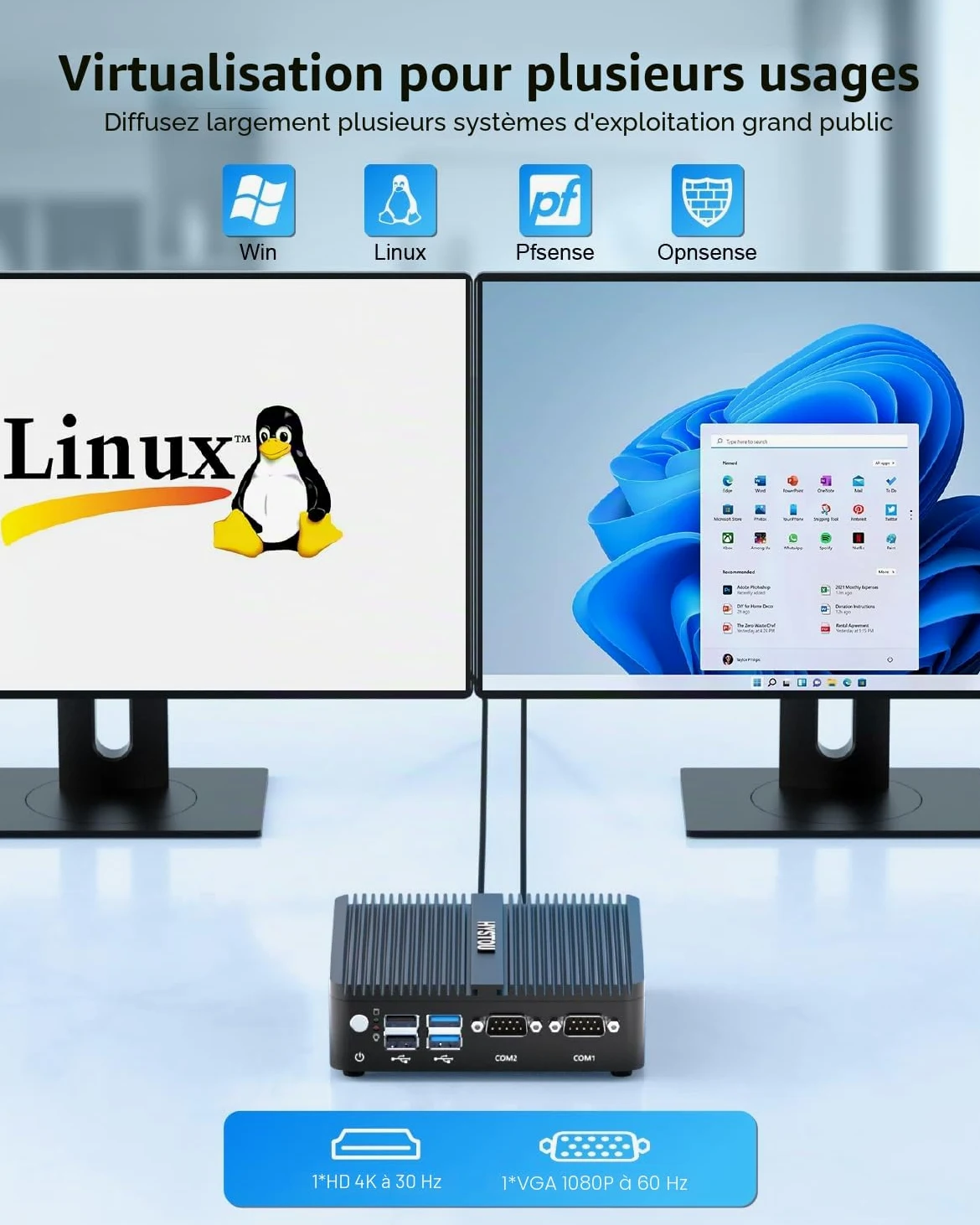HYSTOU Mini PC Fanless Industriel 8Go de RAM 128Go SSD J5005 Fanless Mini PC per Industrial