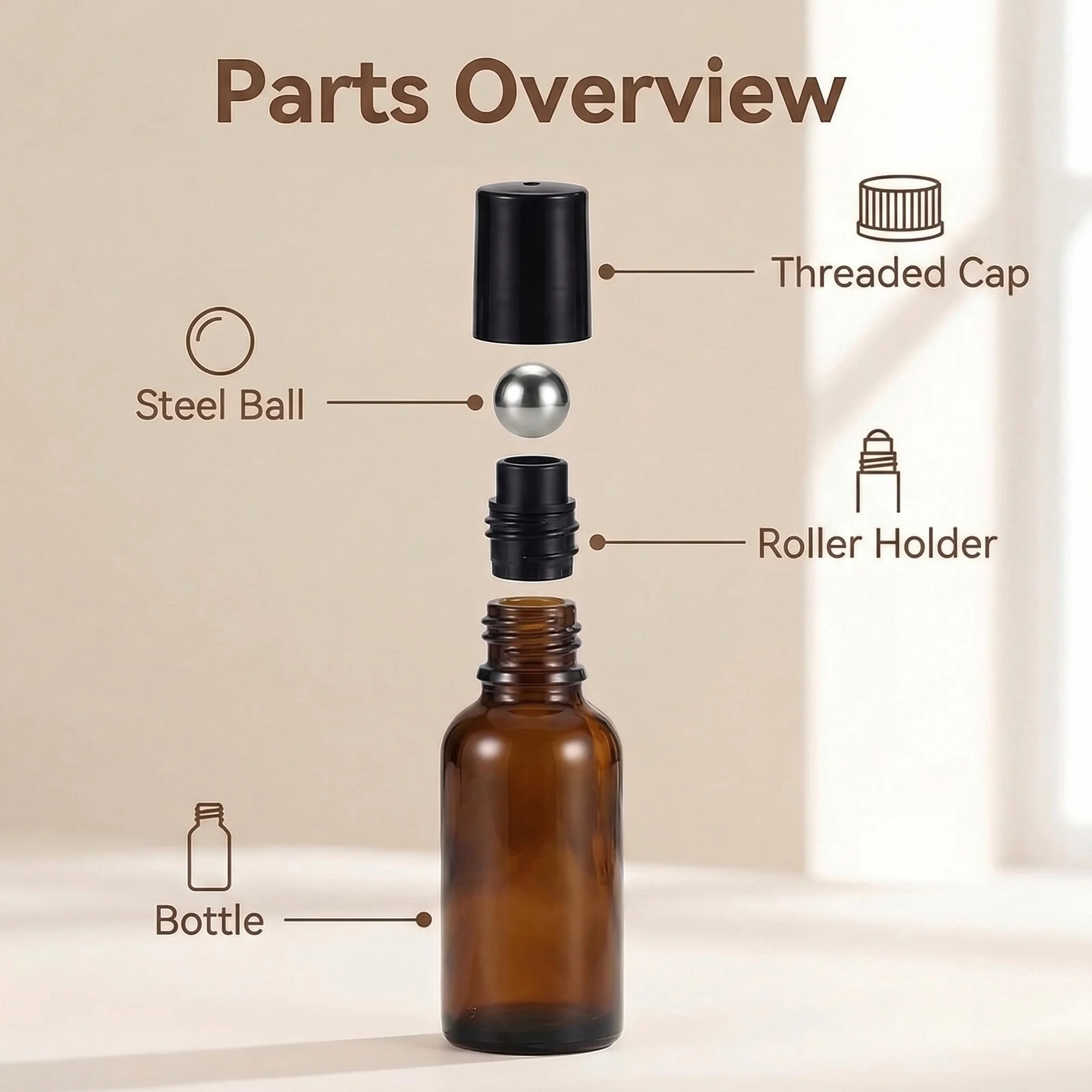 Rechargeable Parfum Roll-On Flacon Verre 20ml avec Bille en Acier Inoxydable et Capuchon Noir