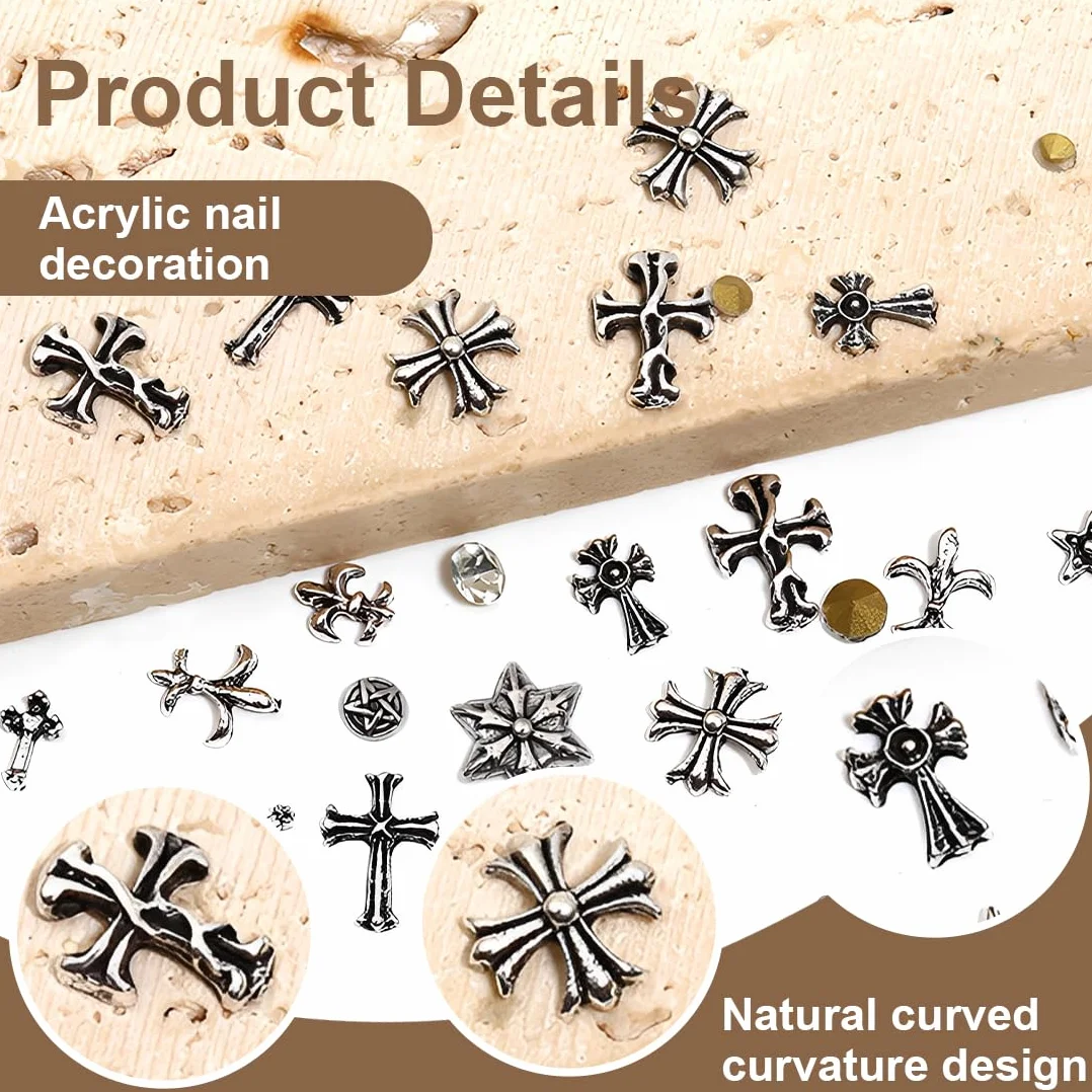75 Pièces Breloques pour Ongles Croix Argent Charme Coeurs Gothiques Rétro Punk Crânes Manucure Nail Art