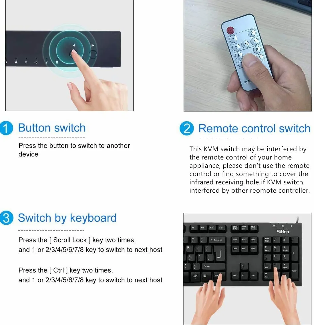 AIMOS KVM Switch HDMI, USB Commutateur 8 Port avec 4K@30Hz Ultra HD 1080P 3D avec Windows 2000/XP/Vista Linux et Mac pour PC Surveiller Clavier Souris