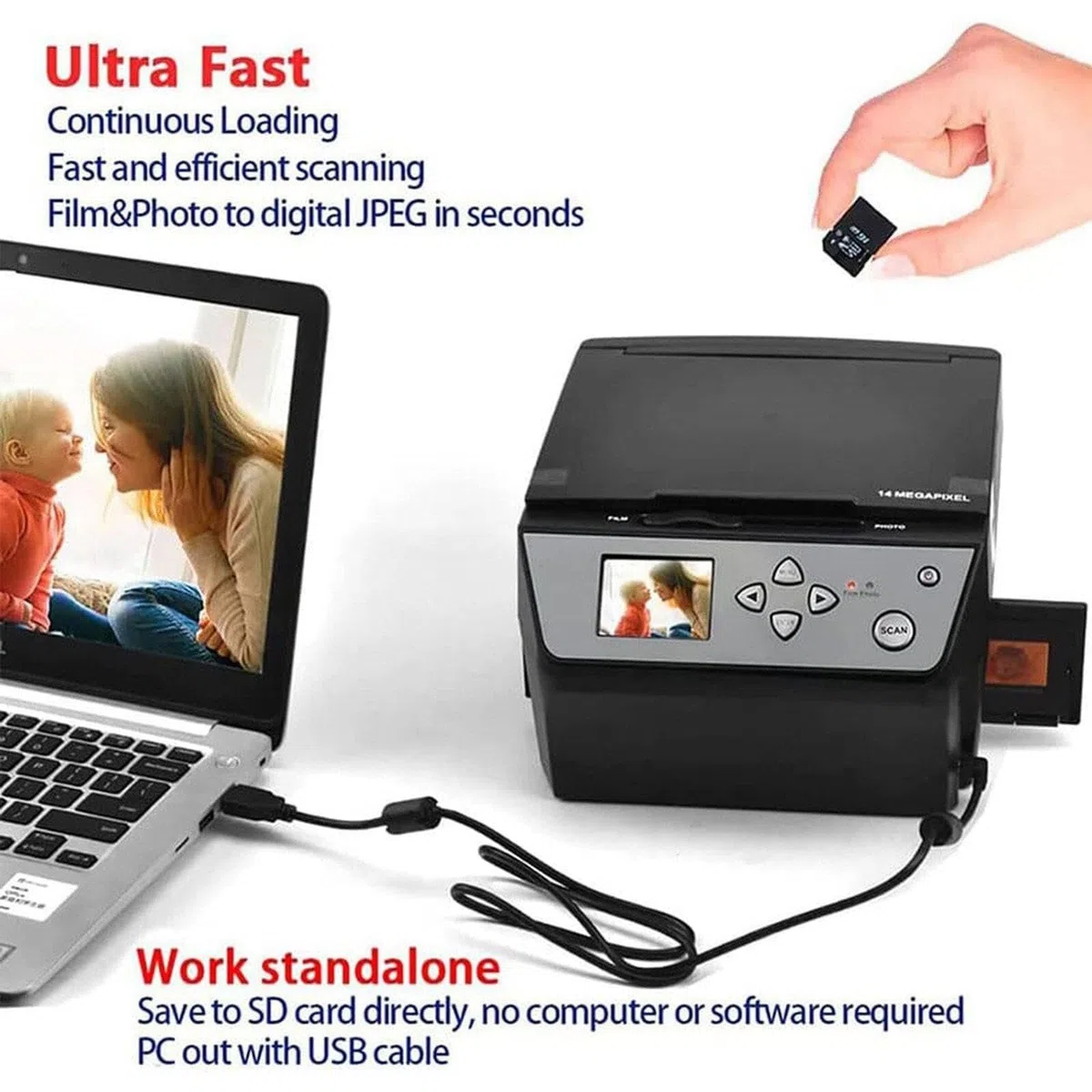 Scanner multifonction USB (film, diapositives et photos) - Convertit des films de 135 et 110 mm, des diapositives de 35 mm et des photos, des documents et des cartes de visite en fichiers Jpg