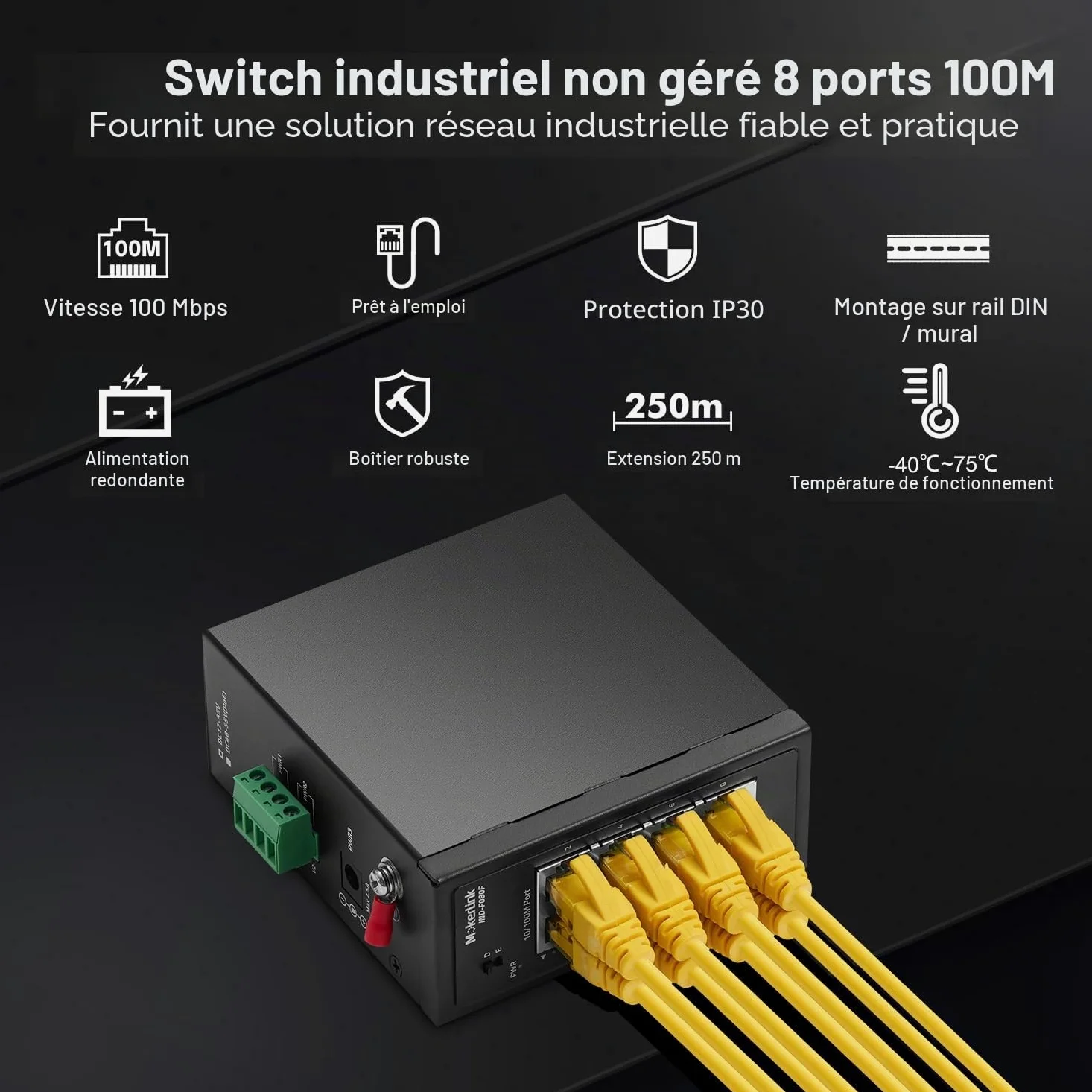 MokerLink Commutateur rail DIN industriel à 8 ports, 8 ports Ethernet 10/100 Mbit/s, portée 250 m, rail DIN en métal et support mural inclus