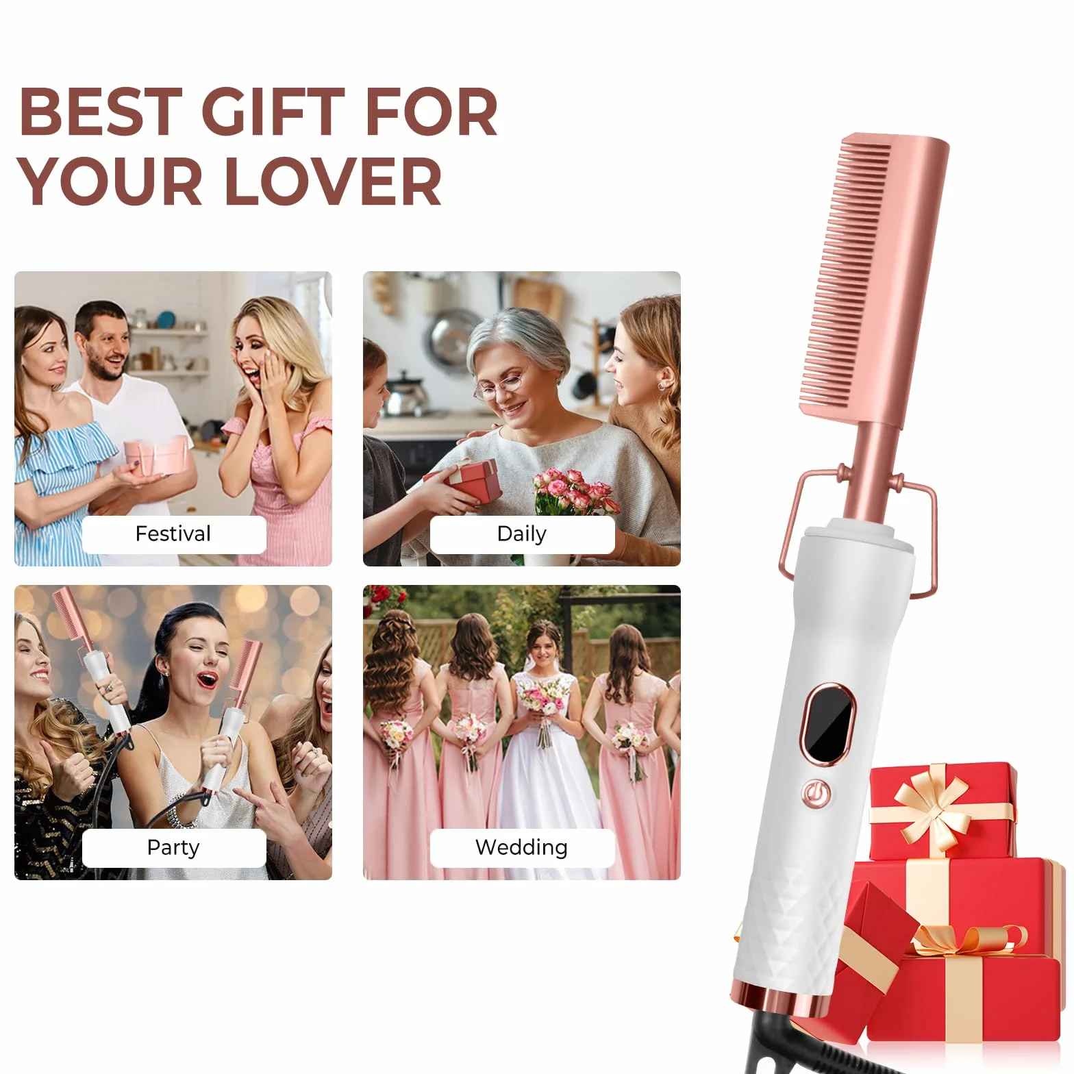 Peigne Chauffant Hot Comb Afro Brosse Chauffante Peigne Electrique 3 en 1 Homme Écran LCD 120-230℃ Lissant Cheveux Court Longs
