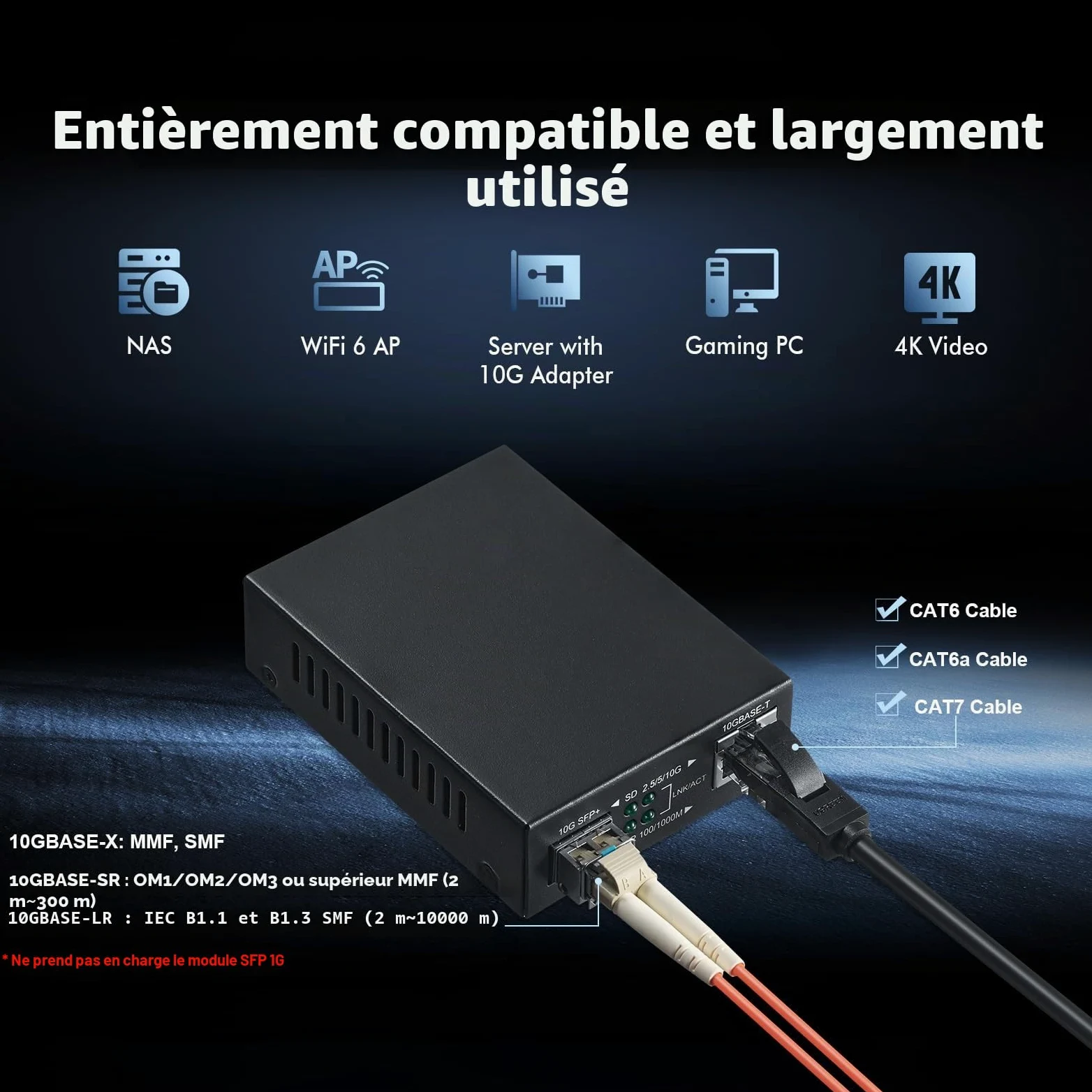 Binardat 10G Fiber Media Coverter, 2 ports 10 Gigabit Ethernet, 1 port RJ45 10G, 1 port SFP 10G, mini boîtier en métal sans ventilateur, plug and play non géré