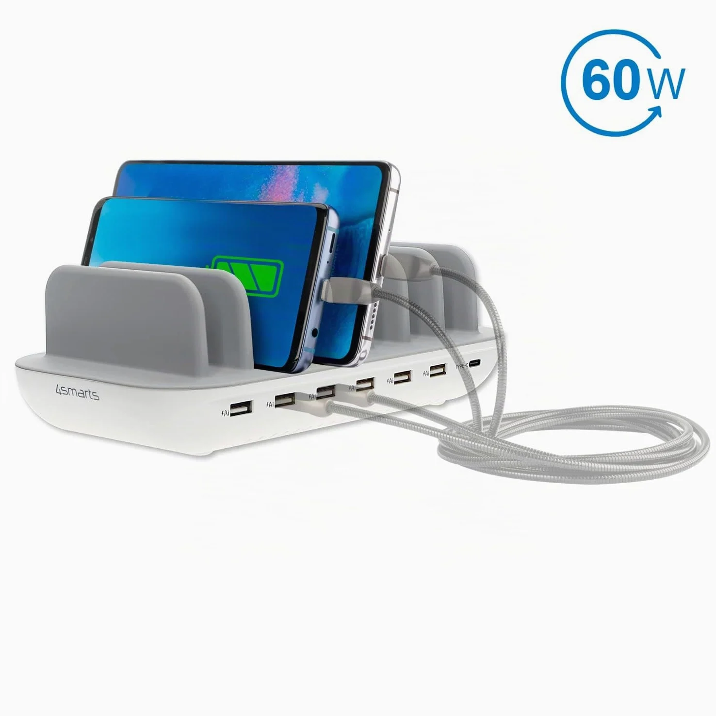 4smarts Office Station de Charge 60W avec 7 Ports USB [6X A & C 2.4A] Chargeur Rapide pour Multiples Appareils Compatible avec iPhone, Samsung, Huawei, iPad - Blanc