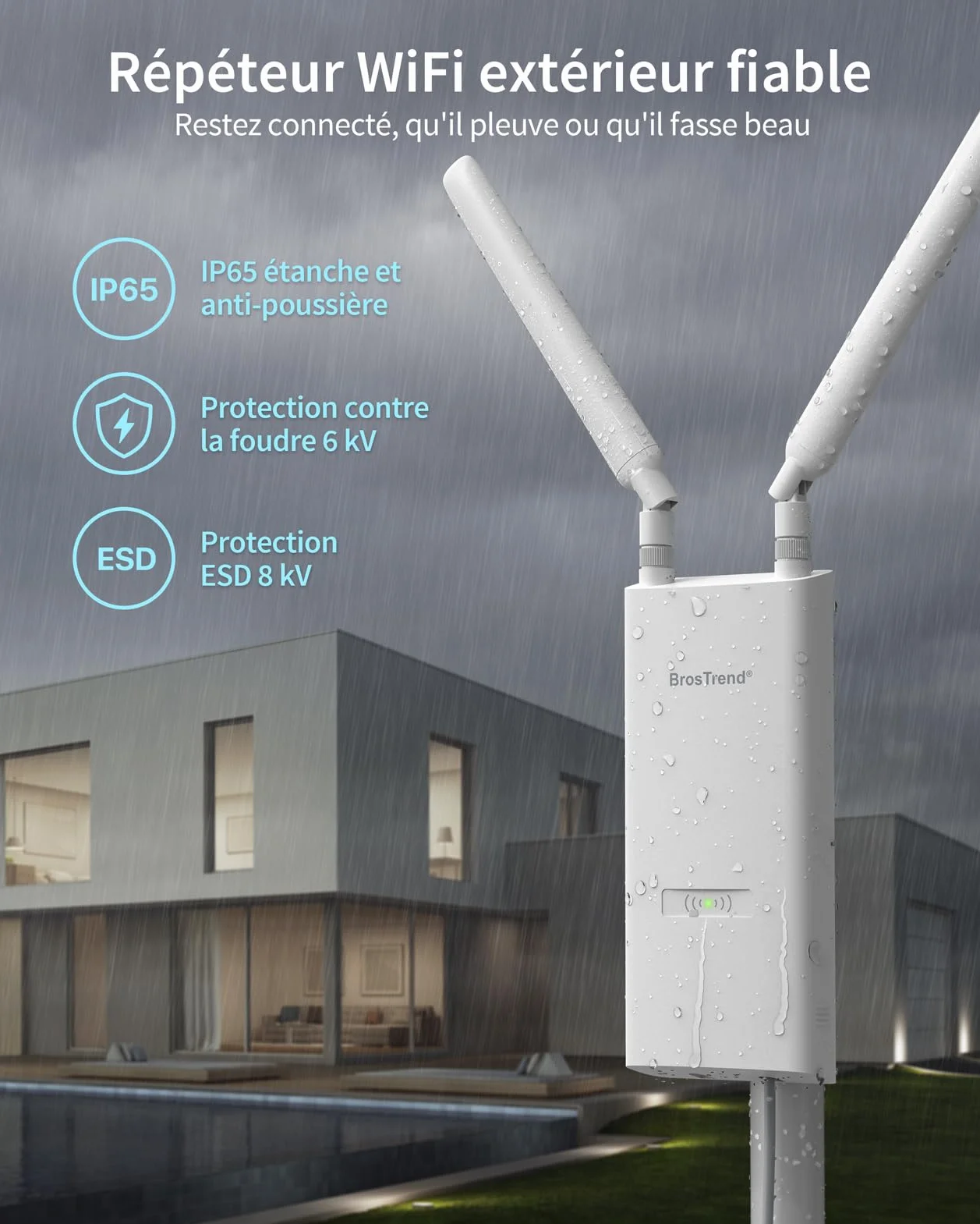 BrosTrend AC1200 Répéteur WiFi Extérieur Longue Portée Port POE Gigabit Double Bande 867Mbps 5GHz 300Mbps 2,4GHz IP65