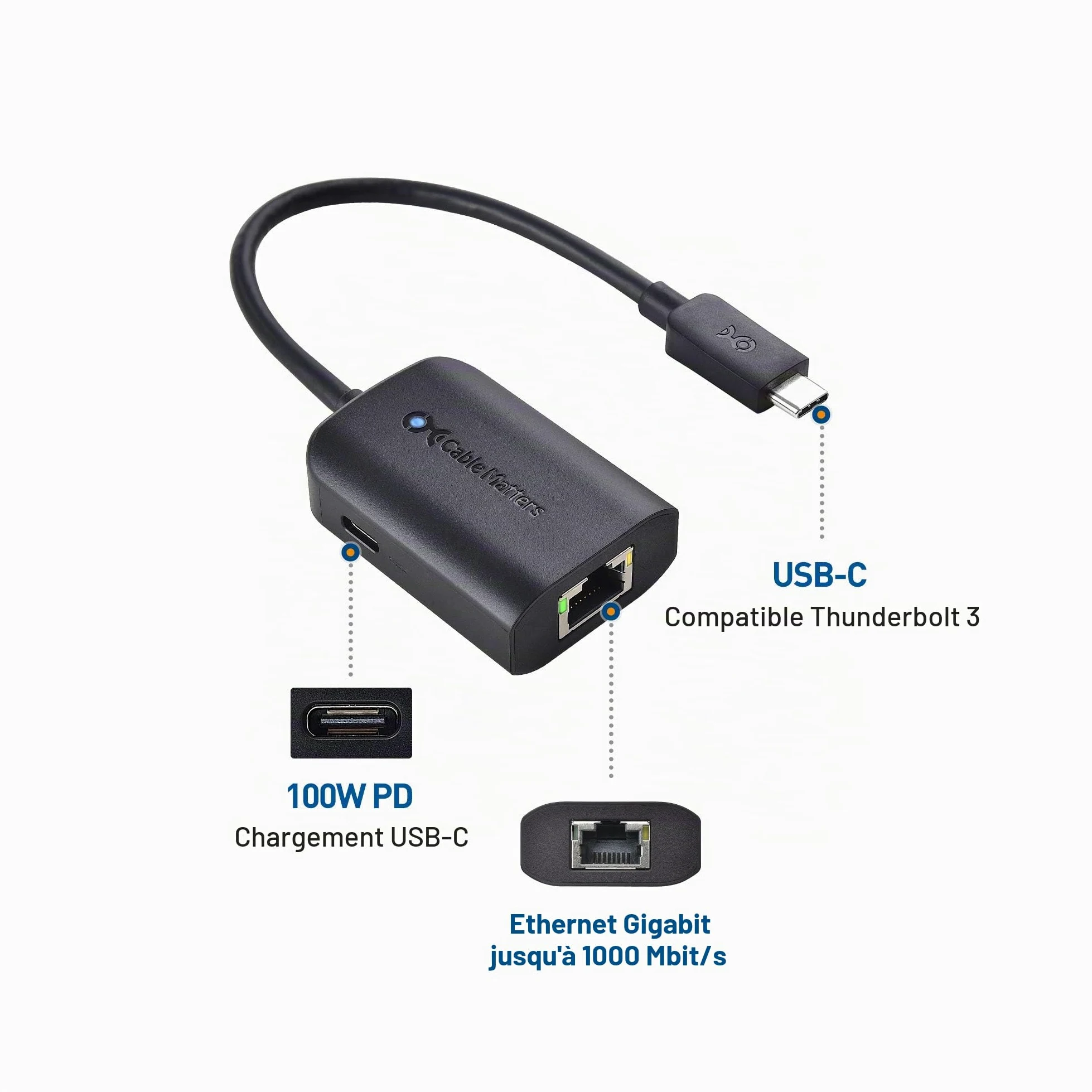 Cable Matters Adaptateur USB C Ethernet Gigabit avec Chargeur 100W - Vitesse Ethernet Filaire jusqu'à 480Mbps pour Chromecast avec Google TV (Version 2020), Ordinateurs Portables et Autres
