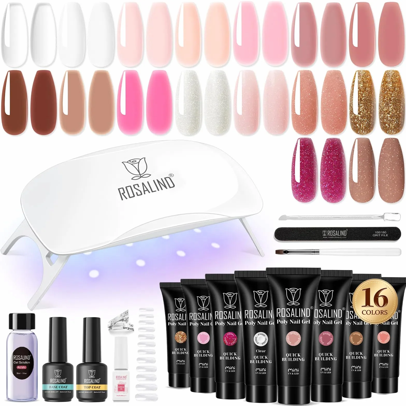ROSALIND Acrygel Kit Complet Gel Extension d'Ongle 16 Couleurs 10 ml Lampe UV Base Top Coat Outils Manucure