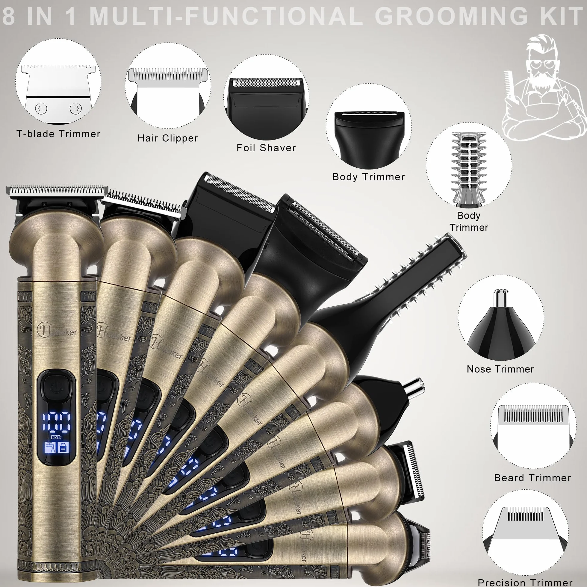 Hatteker Tondeuse Barbe Homme Professionnelle 8 en 1 Lame en T Coupe Cheveux Chauve Rasoir électrique