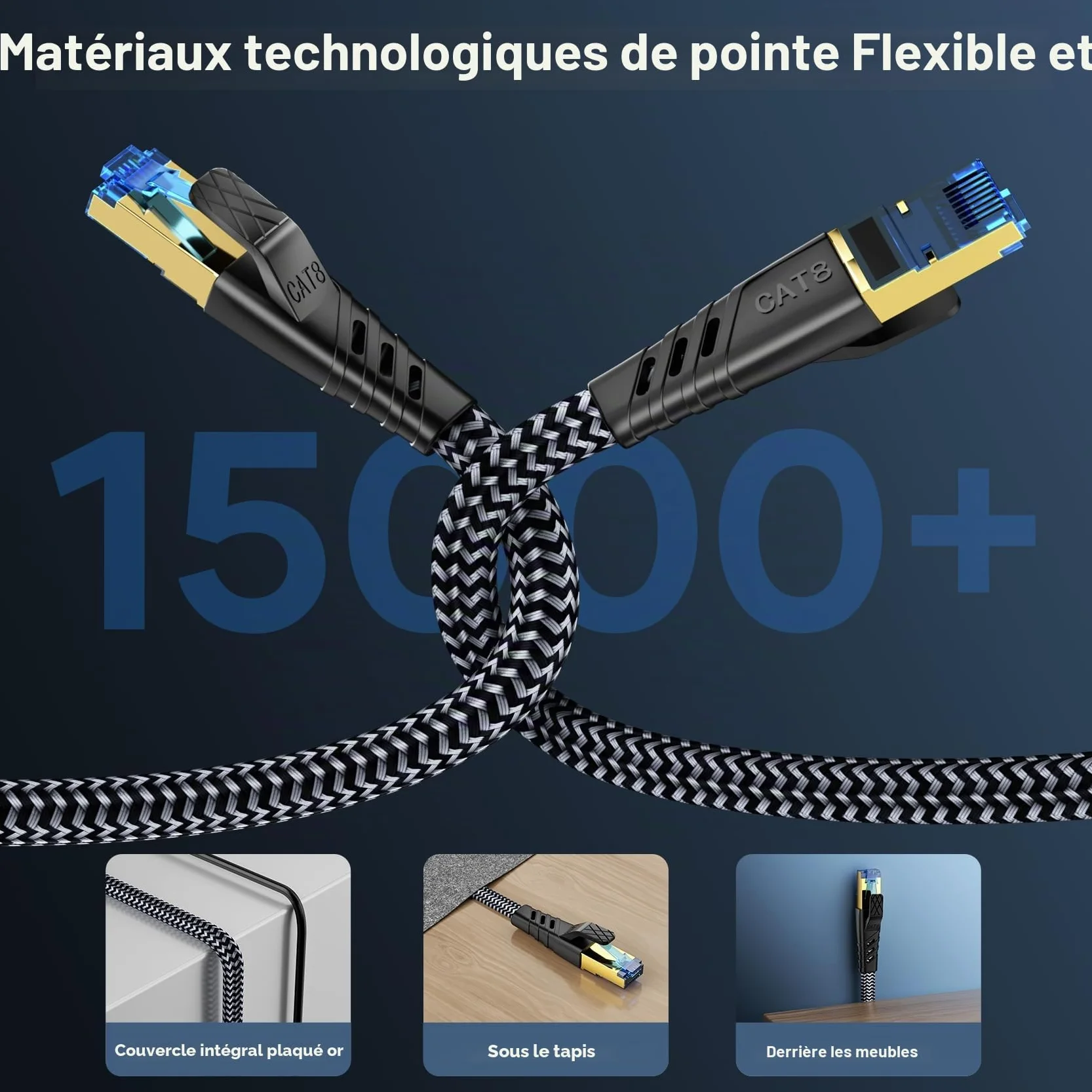 Cat 8 Câble Ethernet 5m, RJ45 Plat Nylon Tressé 40Gbps 2000MHz
