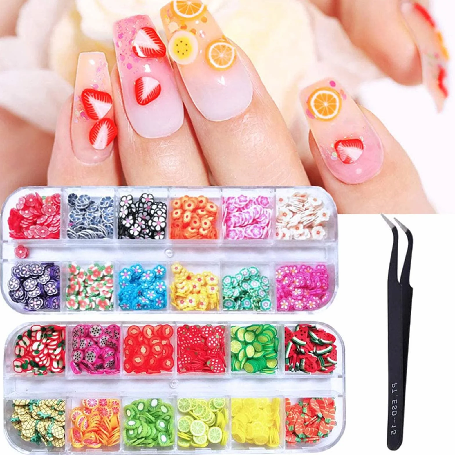 Kalolary 24 Boîtes 3D Mignonne Ongles Fruits Tranches Autocollants à Ongles Conseils Décorations