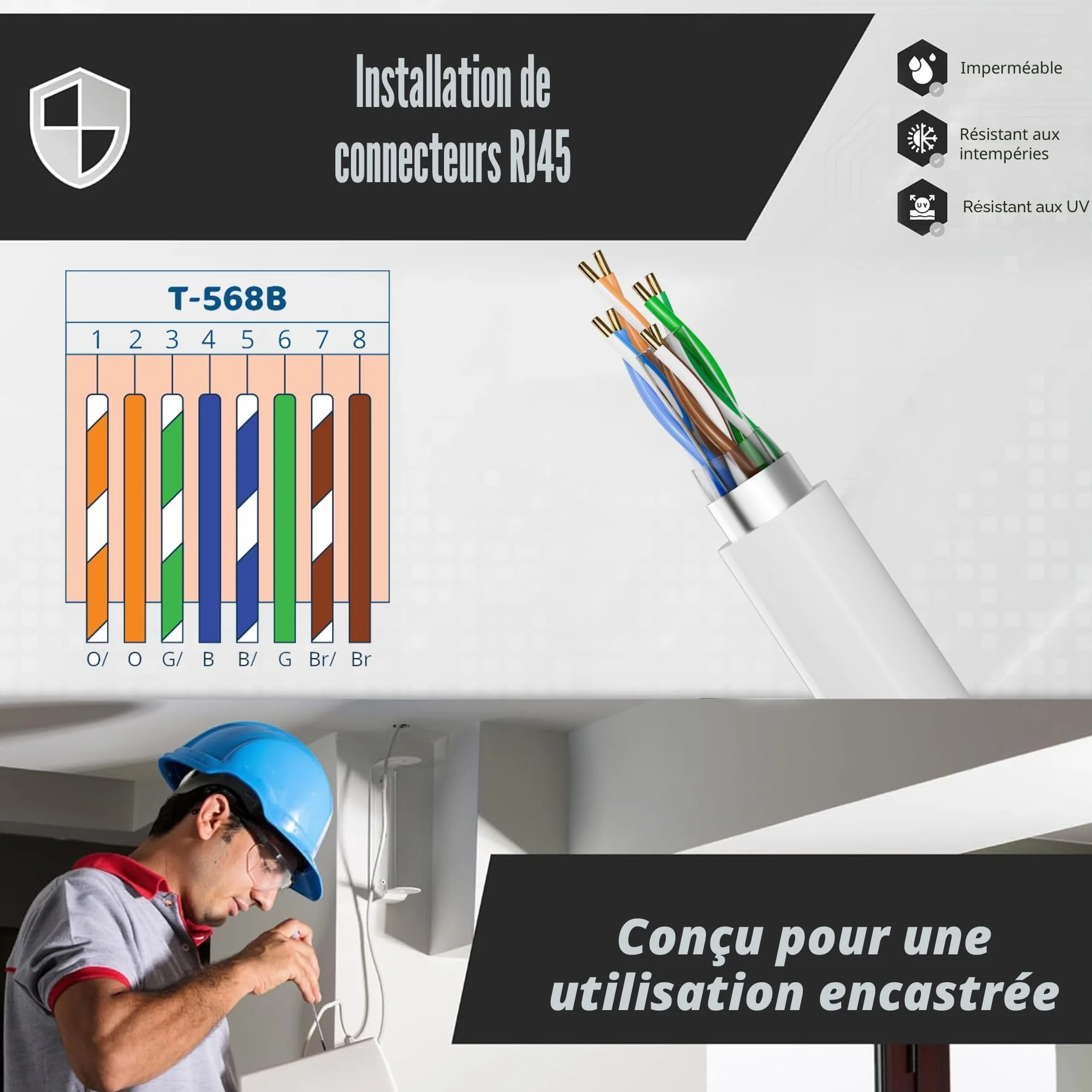 Câble Ethernet 50m Rj45 Cat 6 Gigabit FTP 23AWG Blindé Extérieur Blanc
