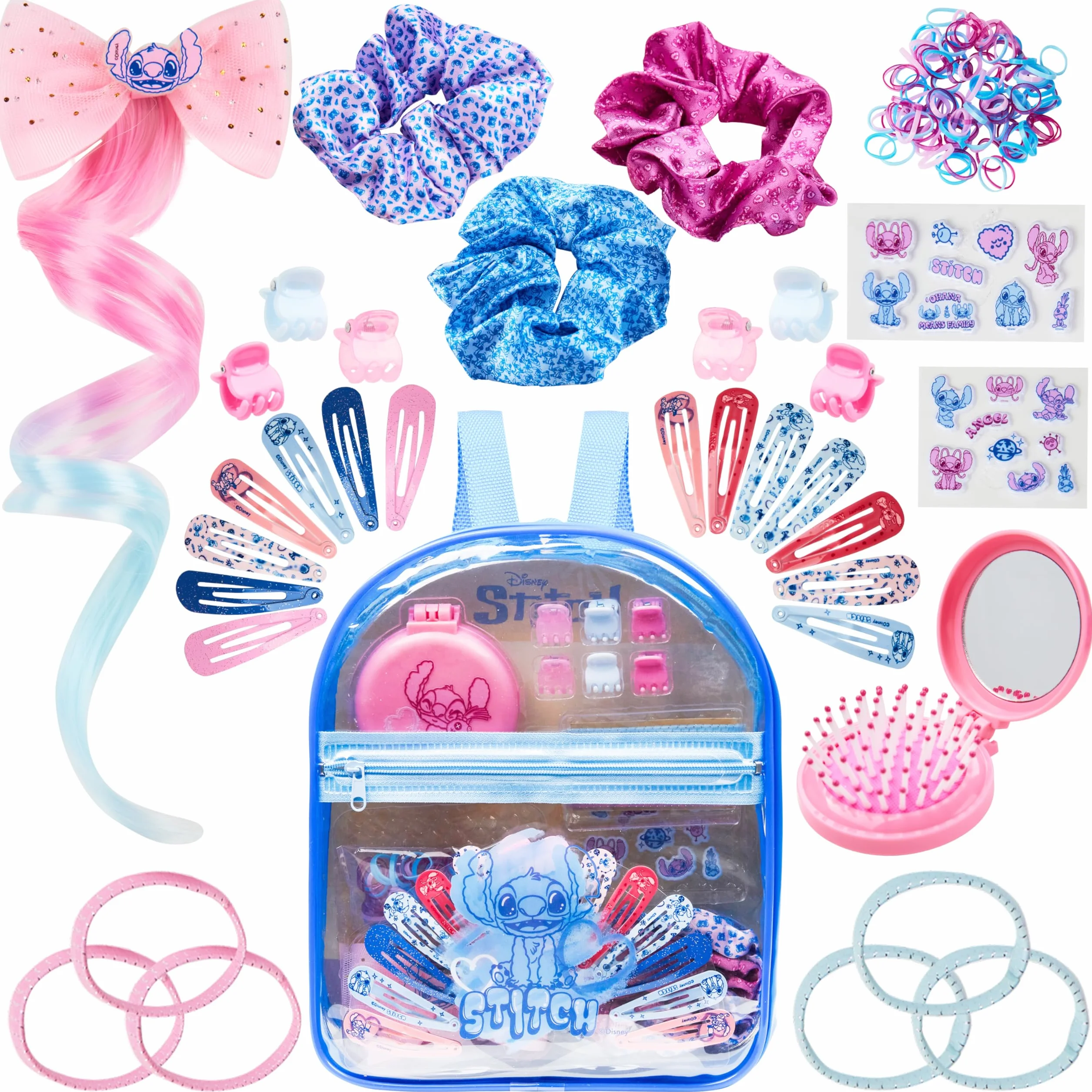 Disney Stitch Coffret Accessoires Cheveux Fille Sac à Dos Transparent Barrettes Stickers Brosse Pliable Chouchous Cadeau Enfant Bleu
