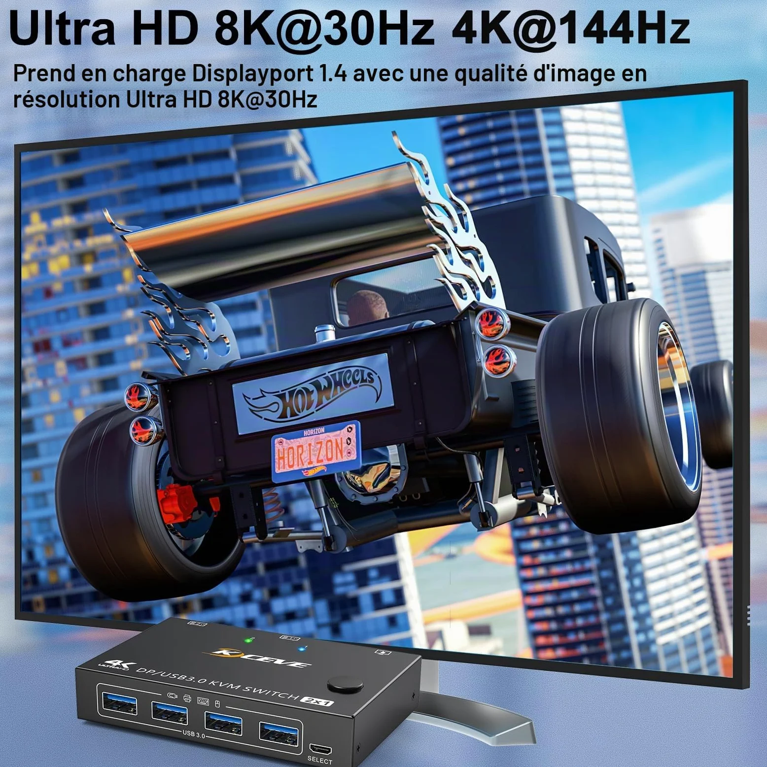 Commutateur KVM USB 3.0 Displayport 2 ports 8K à 30 Hz 4K à 144 Hz, commutateur KVM 2 PC 1 moniteur prenant en charge DP1.4 compatible avec D1.2, avec 4 ports USB 3.0 pour claviers et souris, etc.