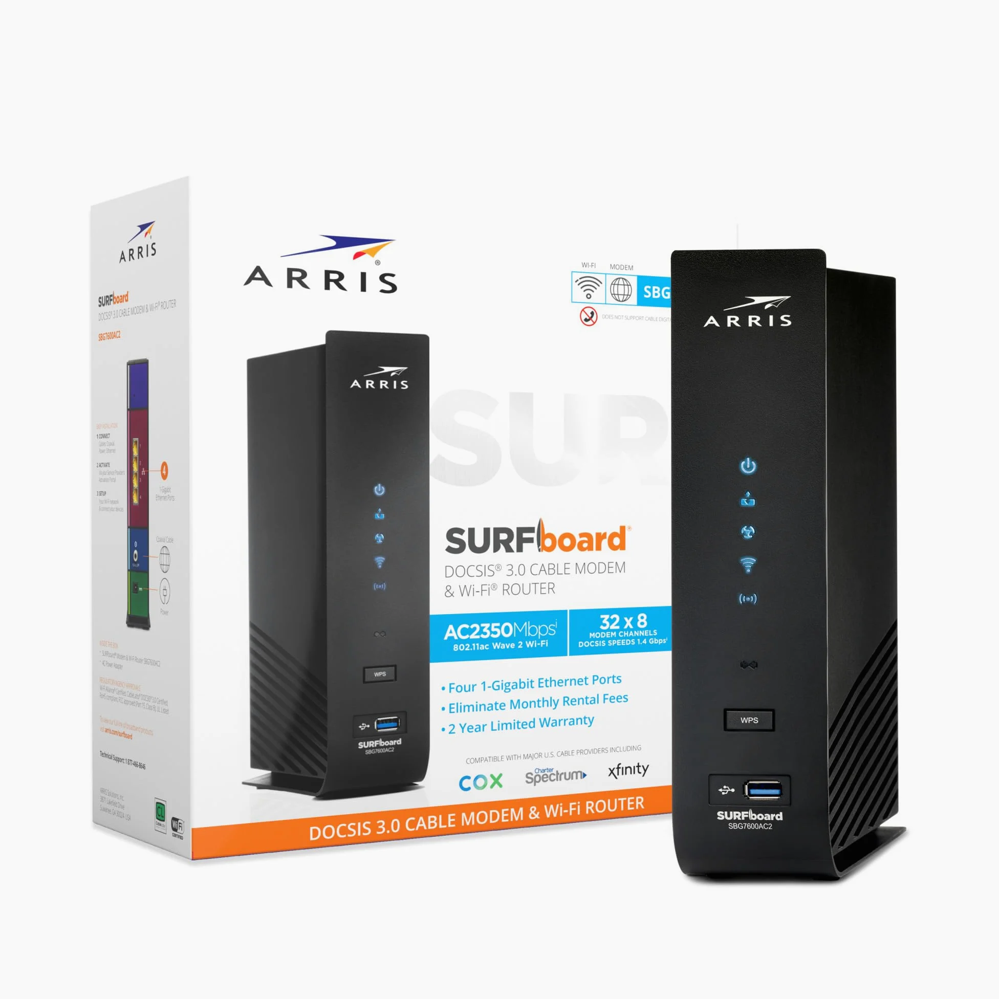 ARRIS (SBG7600AC2) - Cable Modem Router Combo - Fast DOCSIS 3.0 & AC2350 WiFi,Approved for Comcast Xfinity, Cox, Charter Spectrum & More, Four 1 Gbps Ports, 800 Mbps Max Internet Speeds