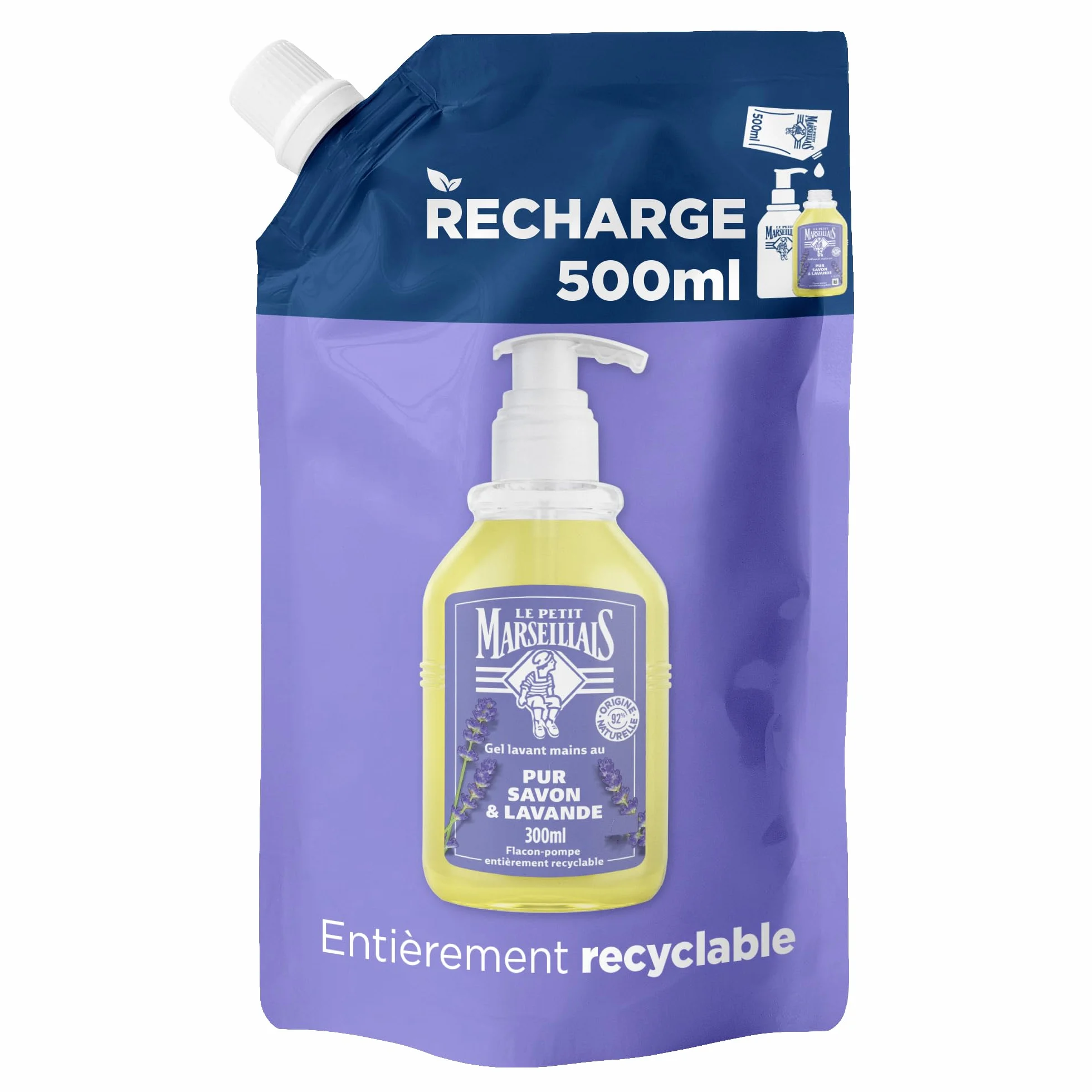 Le Petit Marseillais Recharge Gel Lavant Mains Pur Savon & Lavande 500 ml Savon Liquide pour Flacon-Pompe