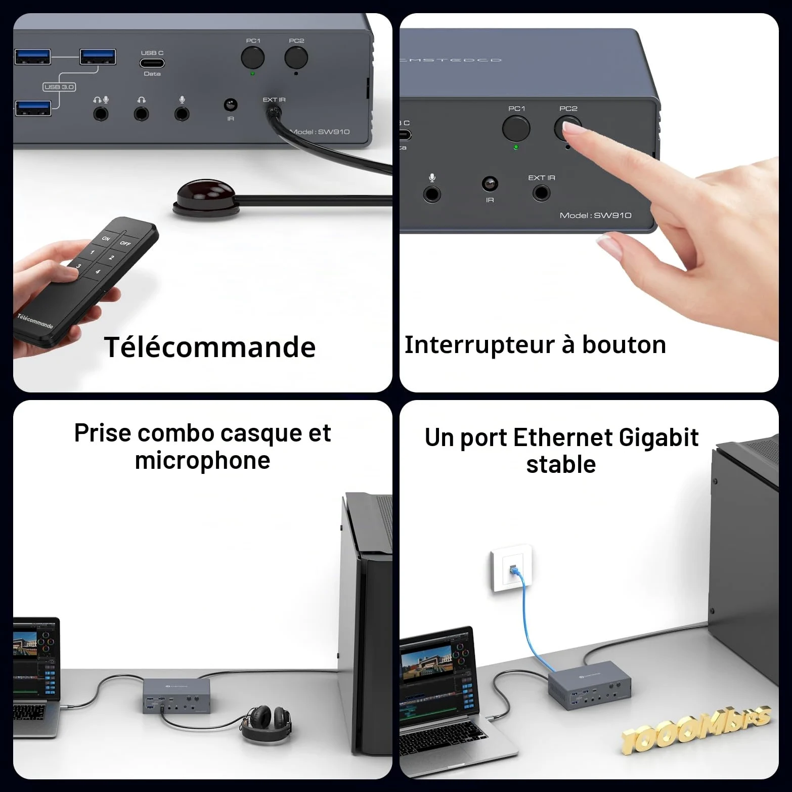 VEDINDUST 4K120Hz KVM Switch Station d'Accueil 2 Ordinateurs Portables 2 Moniteurs Thunderbolt Dock avec 2 Ports USB-C MST 1G, Ethernet 1G, Port Casque et Microphone Prise en Charge du Mode Etendu