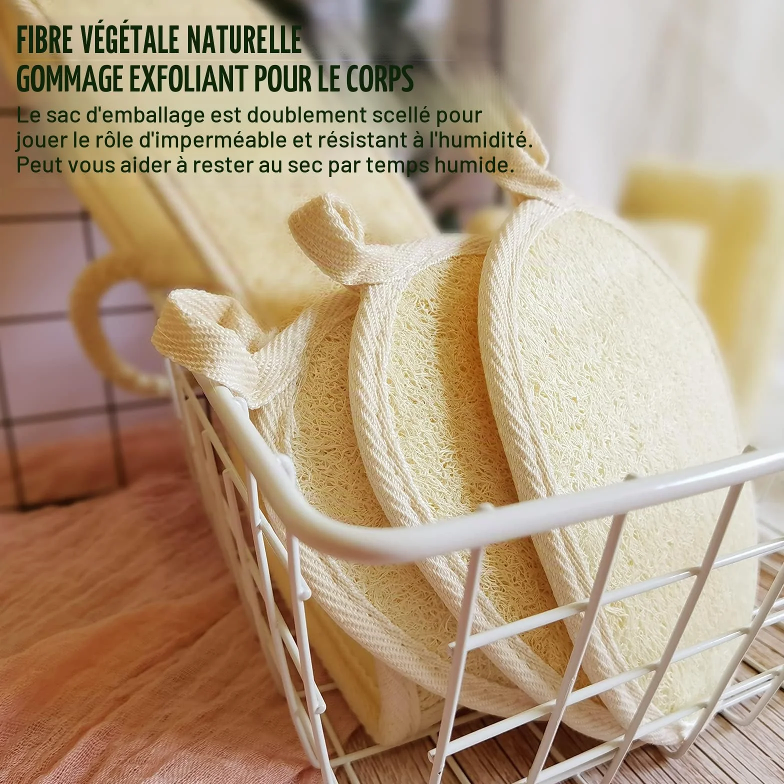 Éponge naturelle de luffa exfoliante pour le corps, paquet de 2, fibres végétales, beige