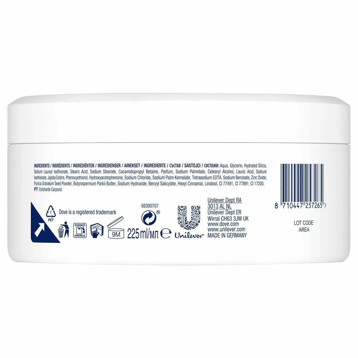Dove Gommage douche exfoliant graines de grenade beurre de karité 225 ml paquet de 4