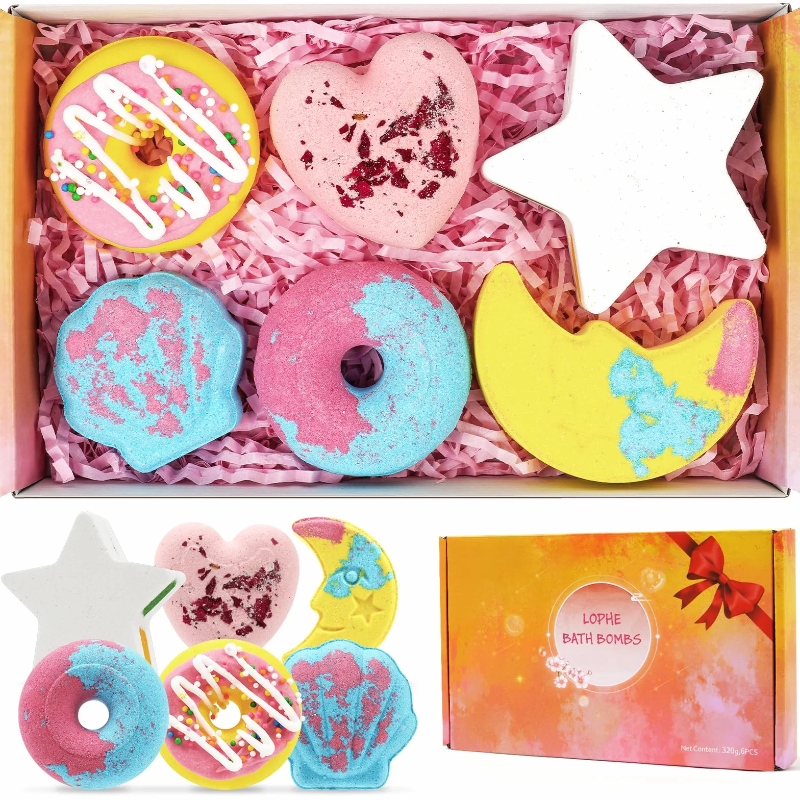 LOPHE Bombes de Bain 6 pcs Coffret Cadeau Boules de Bain Moussant aux Huiles Essentielles Végétalien Sans Cruauté