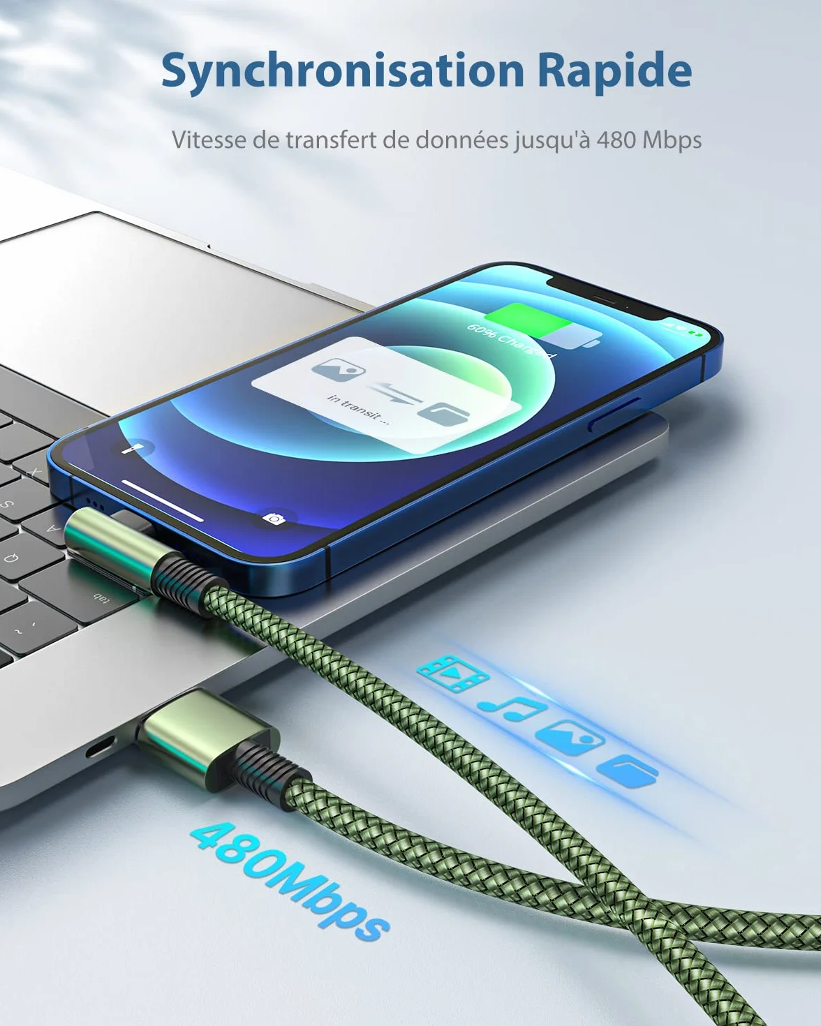 Câble iPhone 2m Lot de 2 Chargeur Angle droit 90 Degrés Certifié MFi Nylon Tressé Rapide pour iPhone 14 13 12 11 Pro Max XR X 8 7