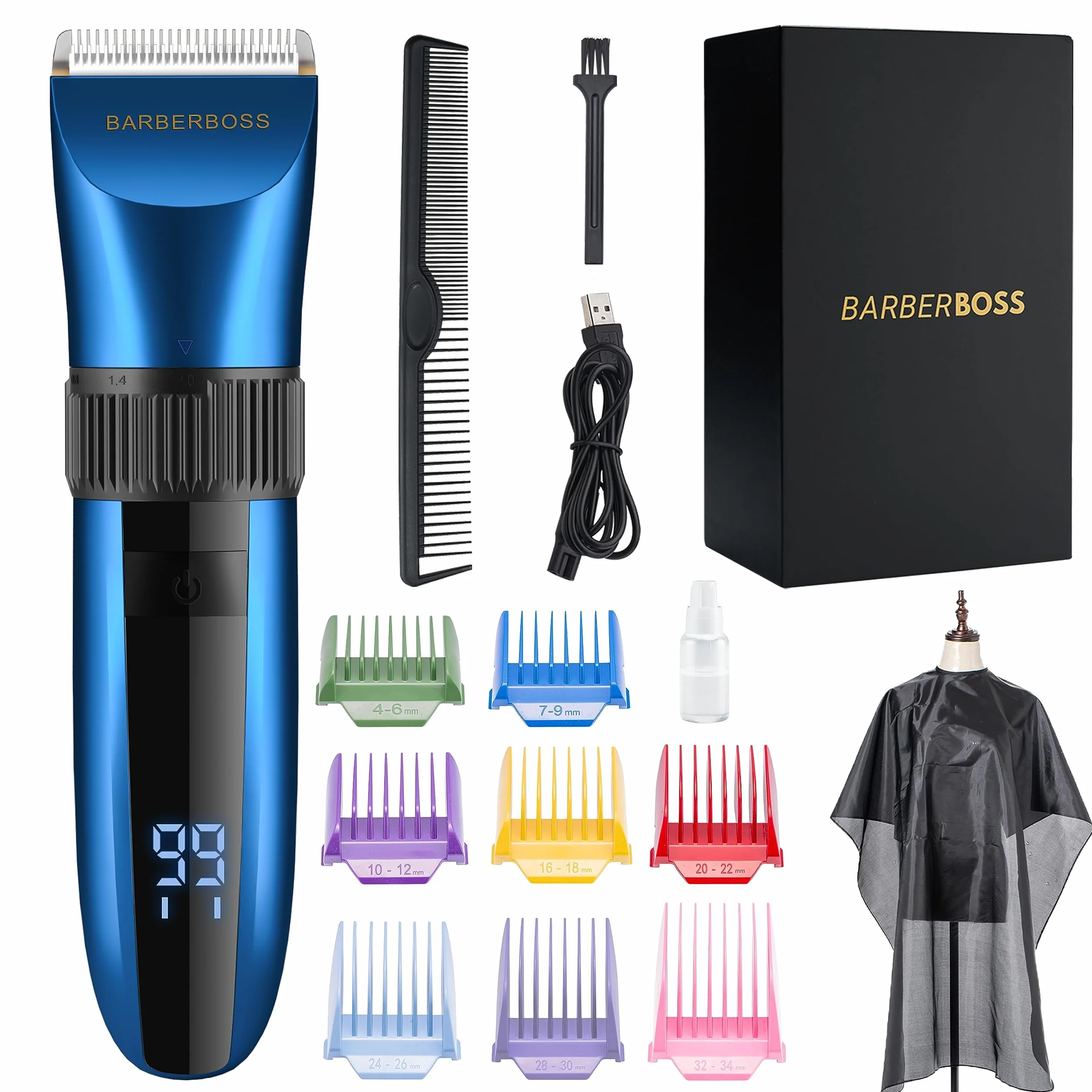 BarberBoss Tondeuse à barbe et à cheveux sans fil étanche lames céramique écran LED charge rapide QR-2082