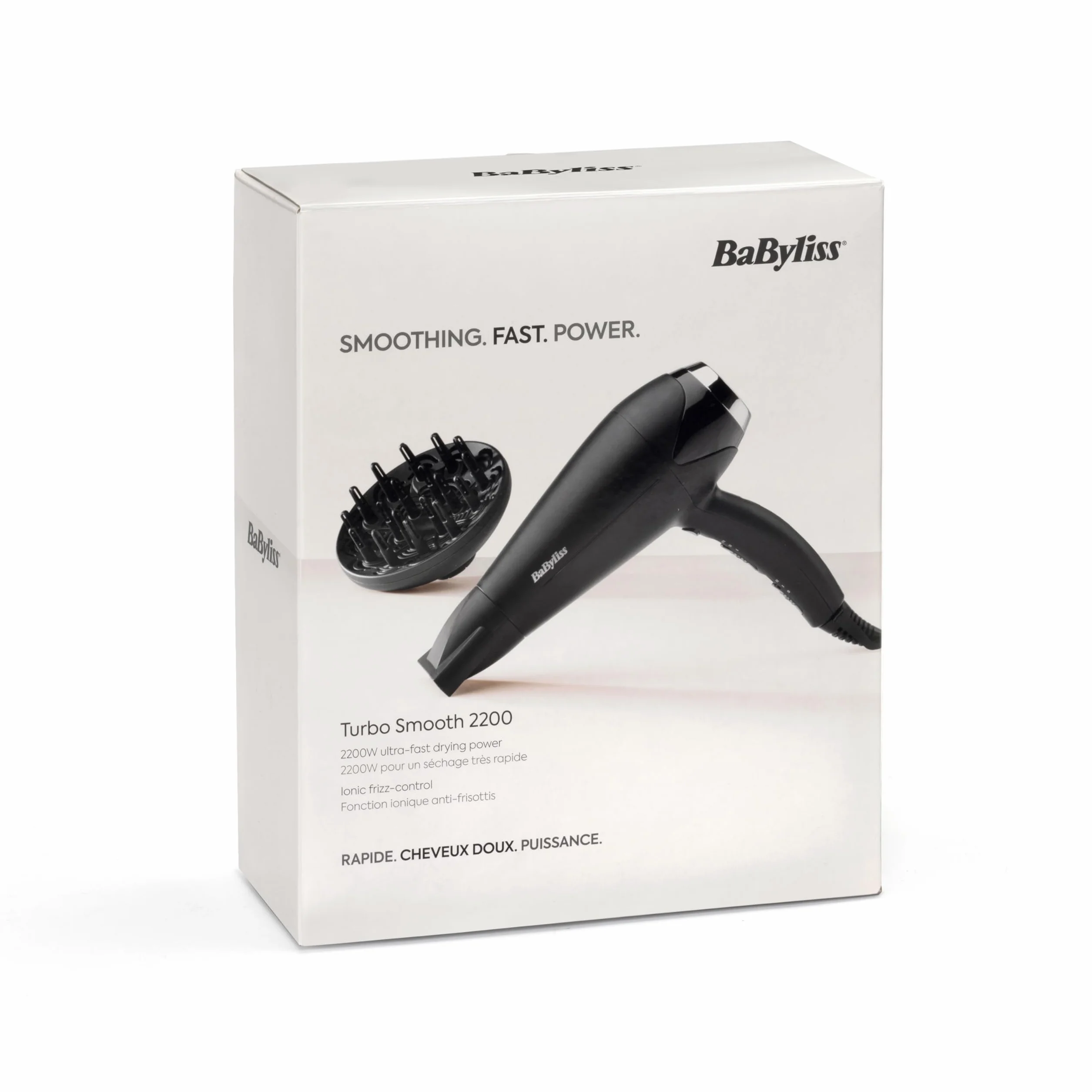 BaByliss Sèche-cheveux Turbo Smooth 2200W Diffuseur large Technologie ionique anti-frisottis 3 réglages température 2 vitesses Noir D572DE
