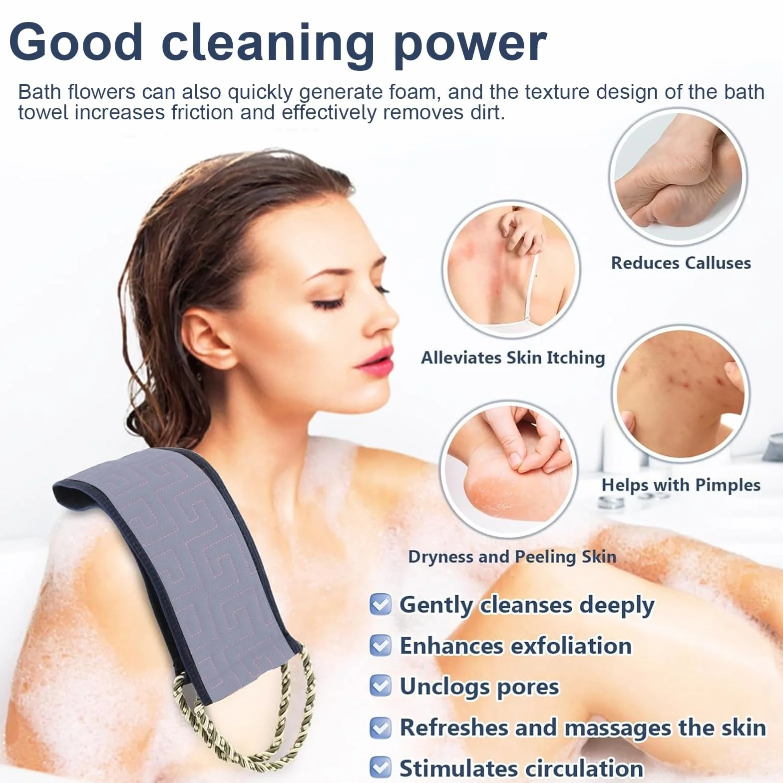 Sangle Lave Dos avec Poignée Gommage du Dos pour Douche Serviette de Bain Fleur de Bain