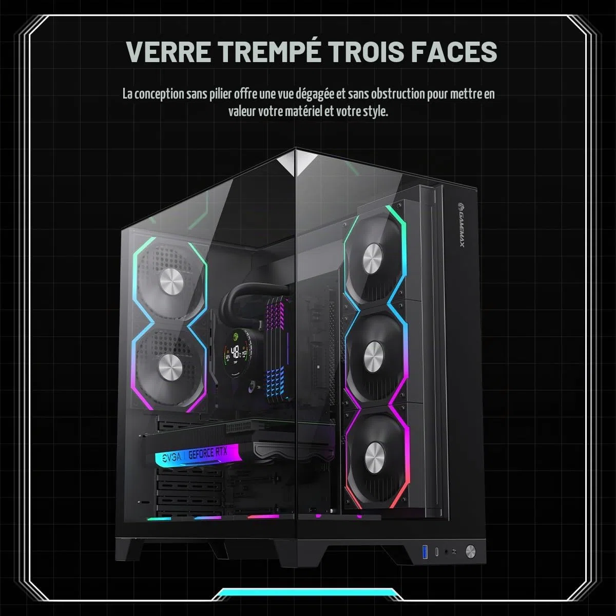 GAMEMAX Infinity Pro ATX Boîtier PC Verre trempé, 5 Ventilateurs ARGB PWM préinstallés, USB 3.0 et Type-C, Prend en Charge Aura Sync & BTF(Noir)