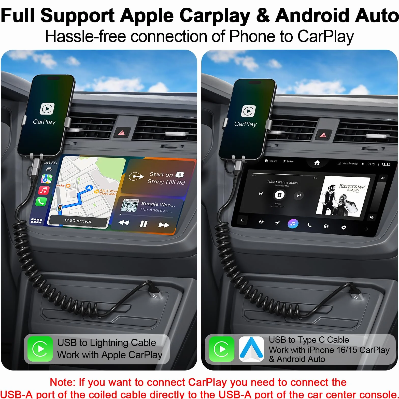 Câble Spirale Voiture 2 en 1 pour Apple CarPlay et Android Auto, Charge Rapide 3A MFi avec USB C et Lightning pour iPhone 16/15/14/13/12/11/Huawei/Galaxy/Google Pixel