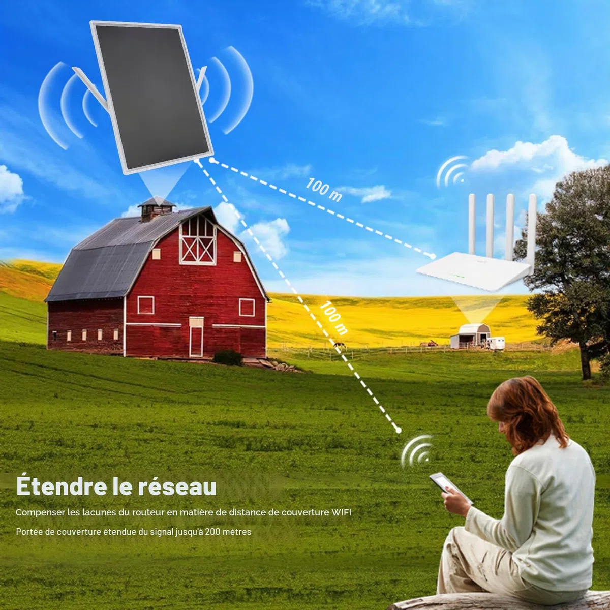 Booster de Signal D'extension WiFi Solaire 15 W, Batterie Longue Portée 328 Pieds 20 000 MAh, Répéteur WiFi 2,4 GHz 5 GHz Prend en Charge 15 Appareils pour Camping en Plein Air