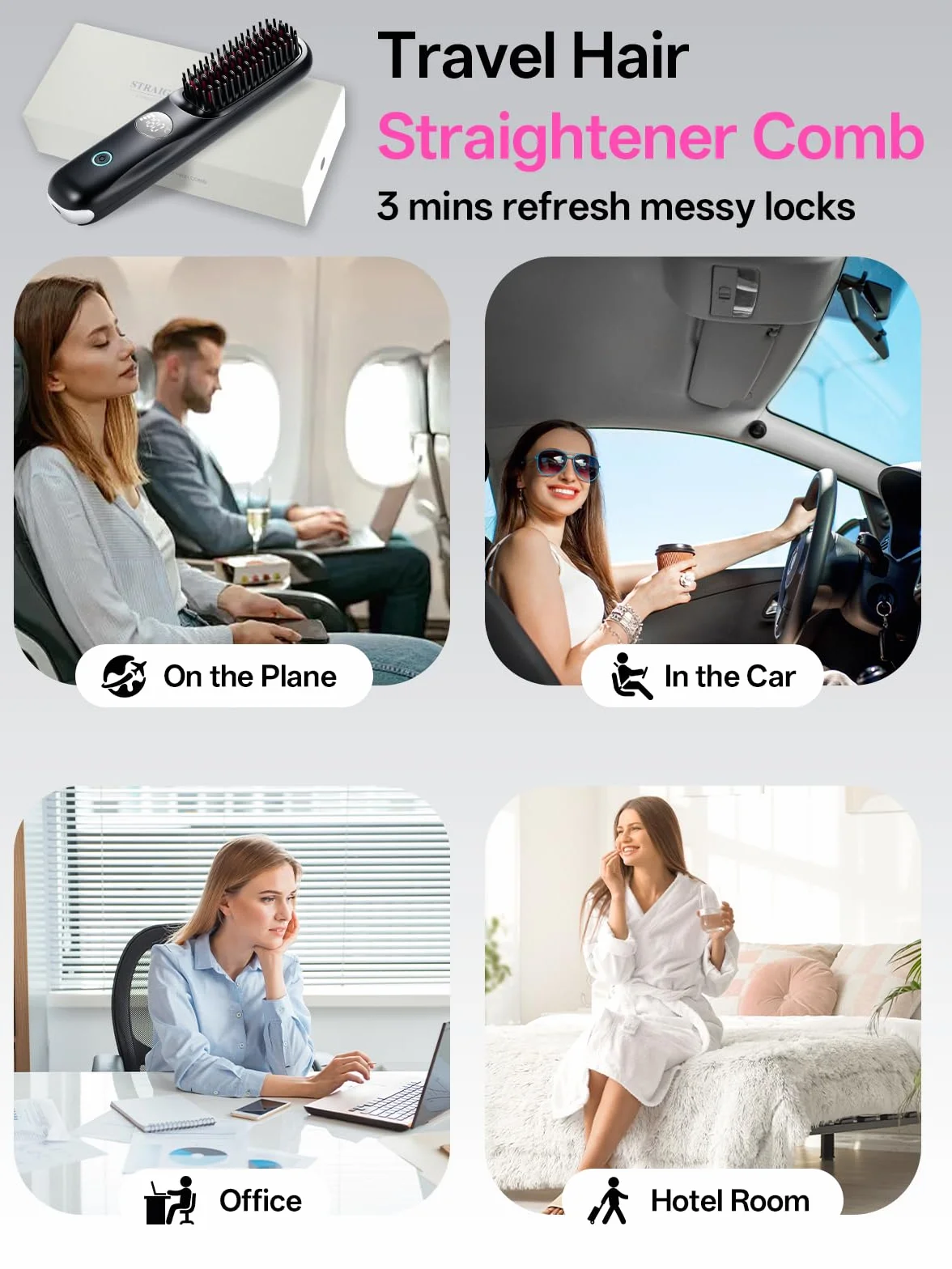 Brosse Lissante Sans Fil LCD 3 Niveaux Température 160-200°C 4000 mAh USB-C Noir