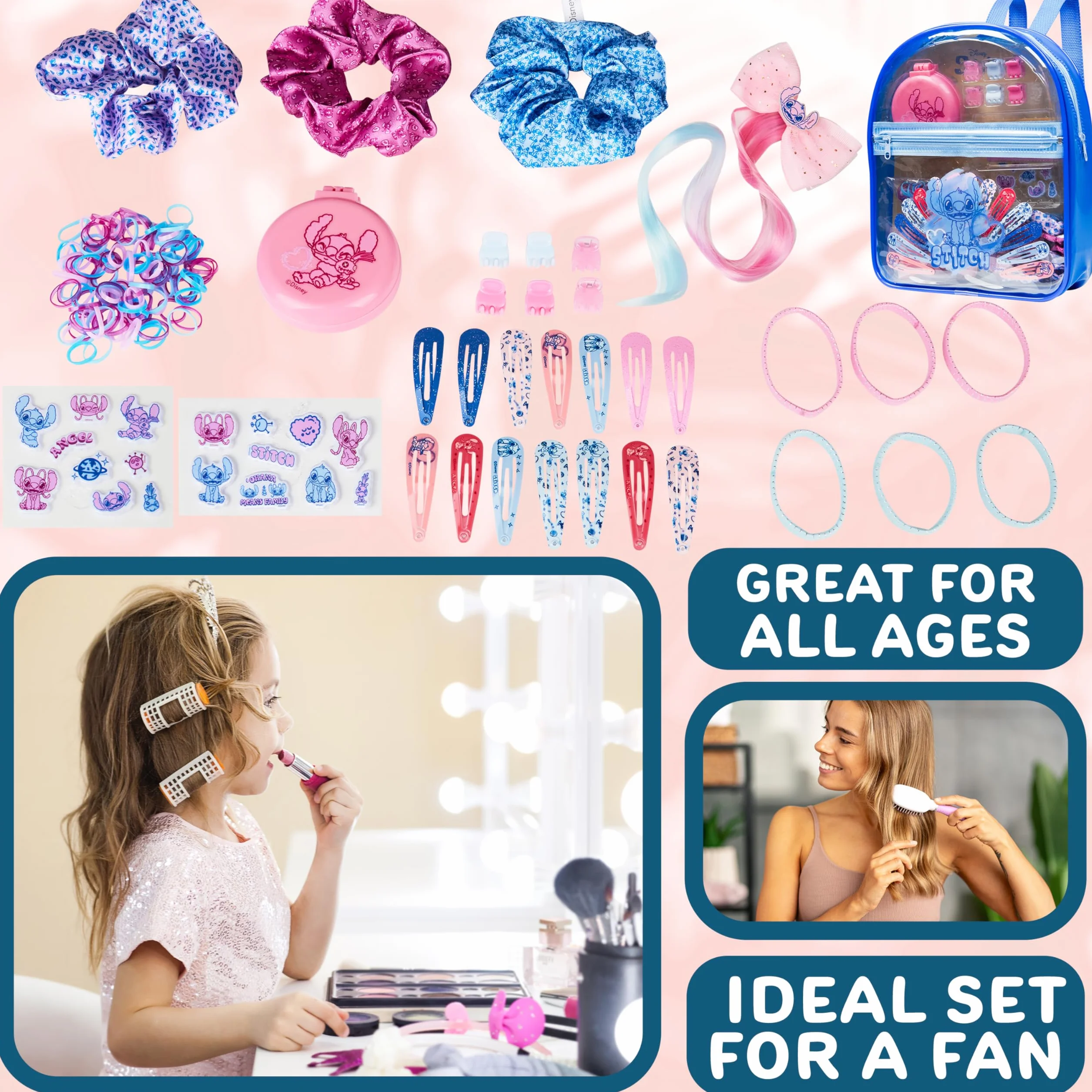 Disney Stitch Coffret Accessoires Cheveux Fille Sac à Dos Transparent Barrettes Stickers Brosse Pliable Chouchous Cadeau Enfant Bleu