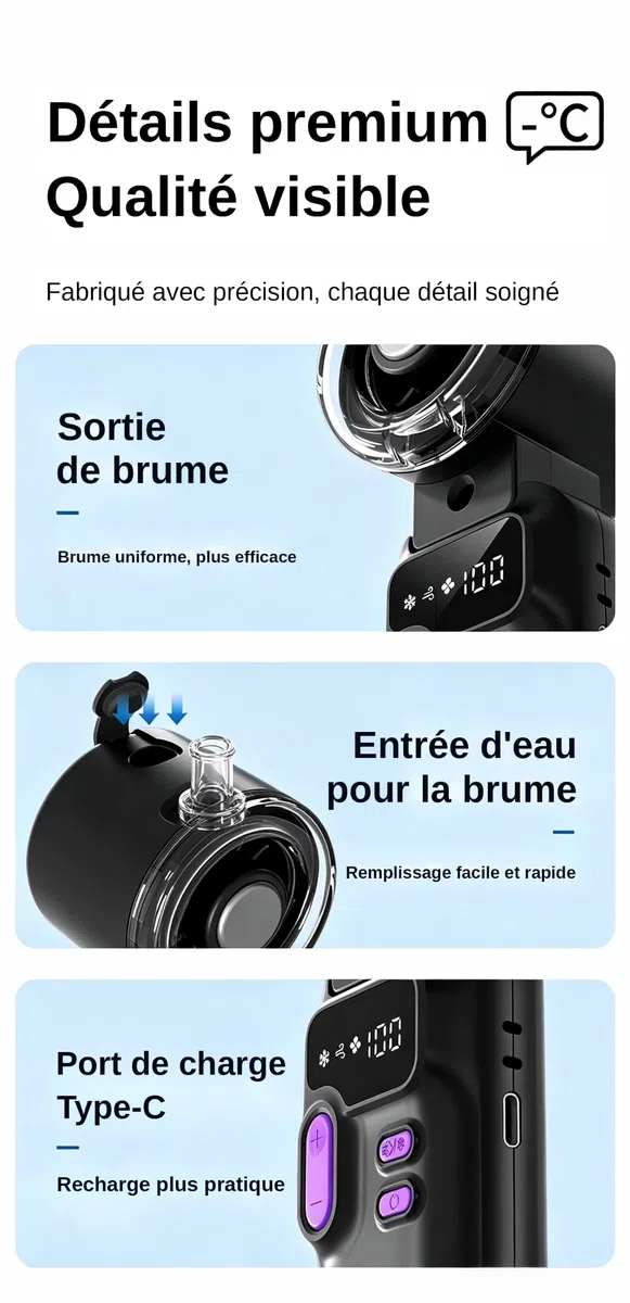 Générique Ventilateur 3-en-1 avec Brumisateur et Plaque Métallique Refroidissante par Contact,USB-C, Réservoir d'Eau 34ml, Batterie 3000mAh, 4 Vitesses, Pliable, pour Bureau, Voyage, Portable Poche