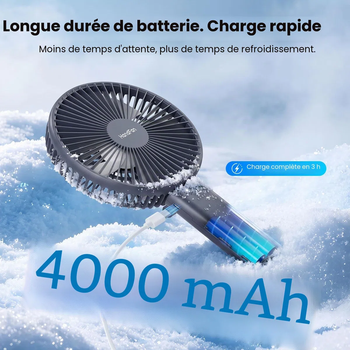 HandFan Ventilateur portatif de 15,2 cm avec batterie de 4000 mAh, ventilateur personnel à 6 vitesses, flux d'air puissant, base amovible, temps de fonctionnement de 5 à 34 heures, pliable à 180° pour