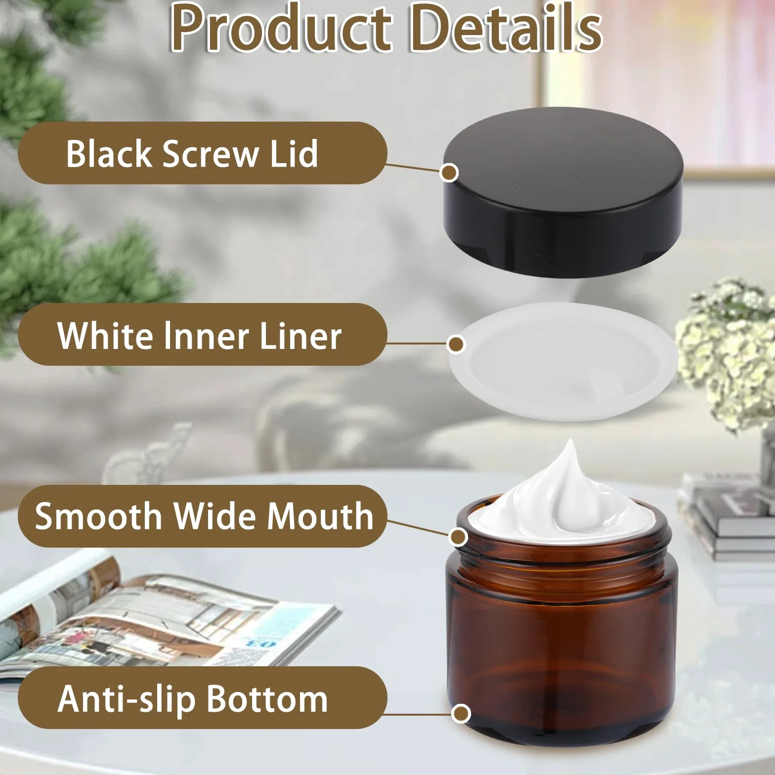 Pots en verre ambré 60 ml avec couvercles noirs - Lot de 25