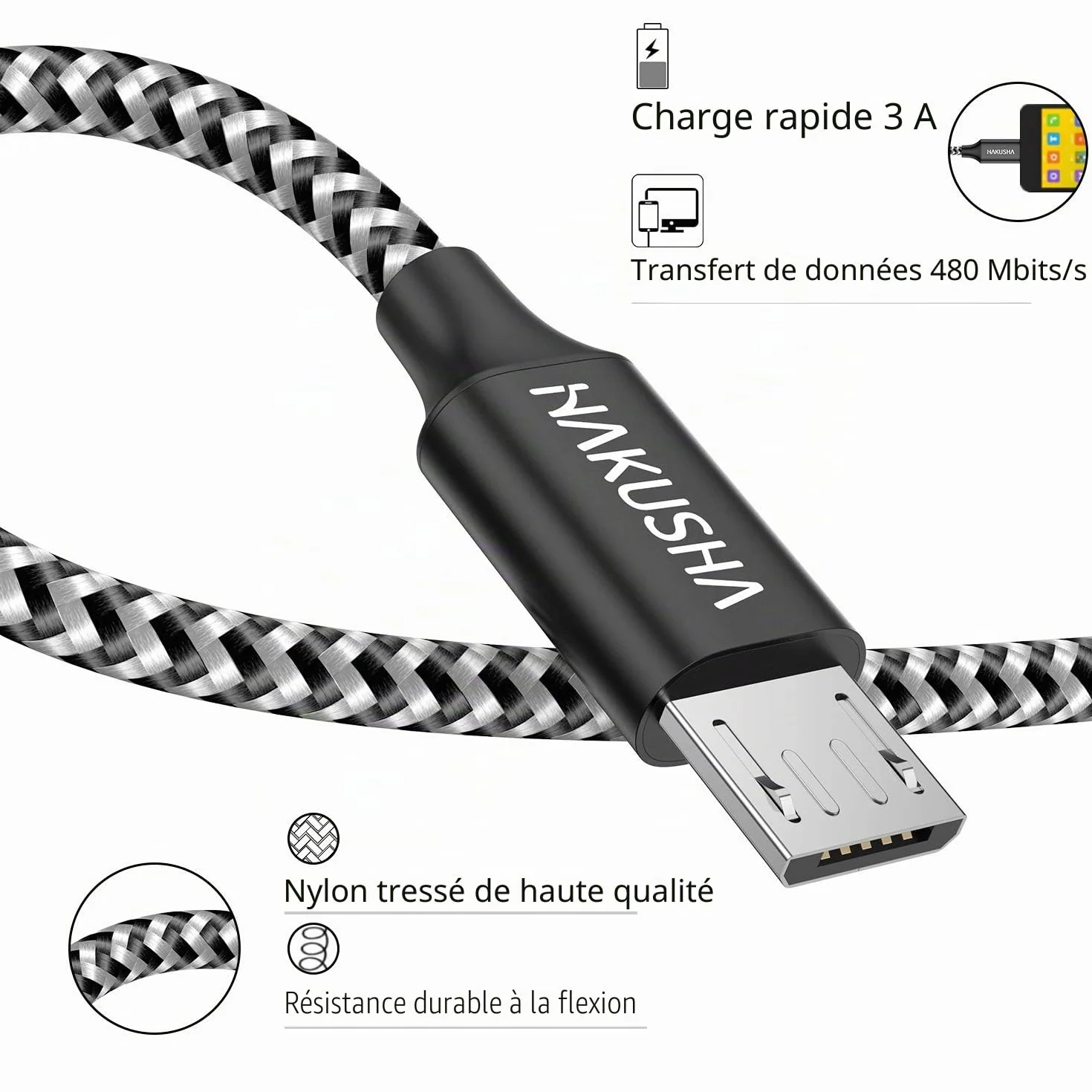 HAKUSHA Câble Micro USB 2M 3A Charge Rapide Android Nylon pour Samsung Huawei Sony