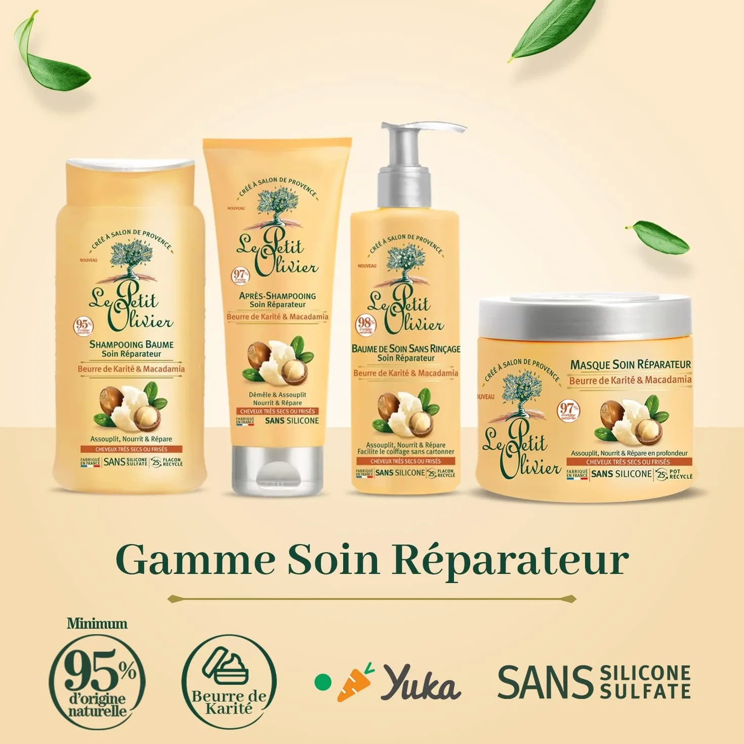 LE PETIT OLIVIER Shampooing Baume Soin Réparateur Karité Macadamia Nourrit Répare Cheveux Très Secs Frisés sans Silicone Sulfate Fabriqué France 250ml