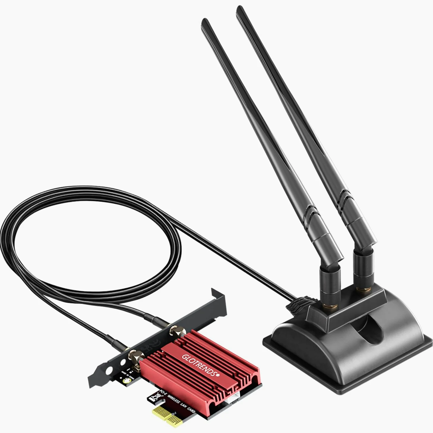 GLOTRENDS Carte WiFi 7 avec antenne d'extension de 2 mètres pour PC de Bureau, Intel BE200NGW, Compatible Uniquement avec Windows 11 24H2 ou Version supérieure (ne supporte Pas Les Cartes mères AMD)