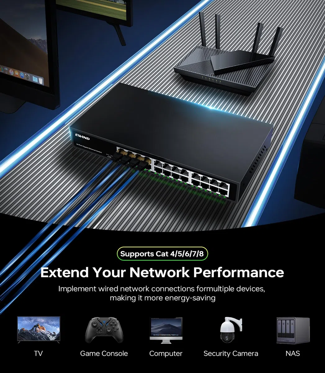 EWIND Commutateur Ethernet Gigabit 24 ports amélioré 2025 avec prévention des LED et des boucles, protection à vie, commutateur réseau non géré Plug & Play, silencieux sans ventilateur, répartiteur