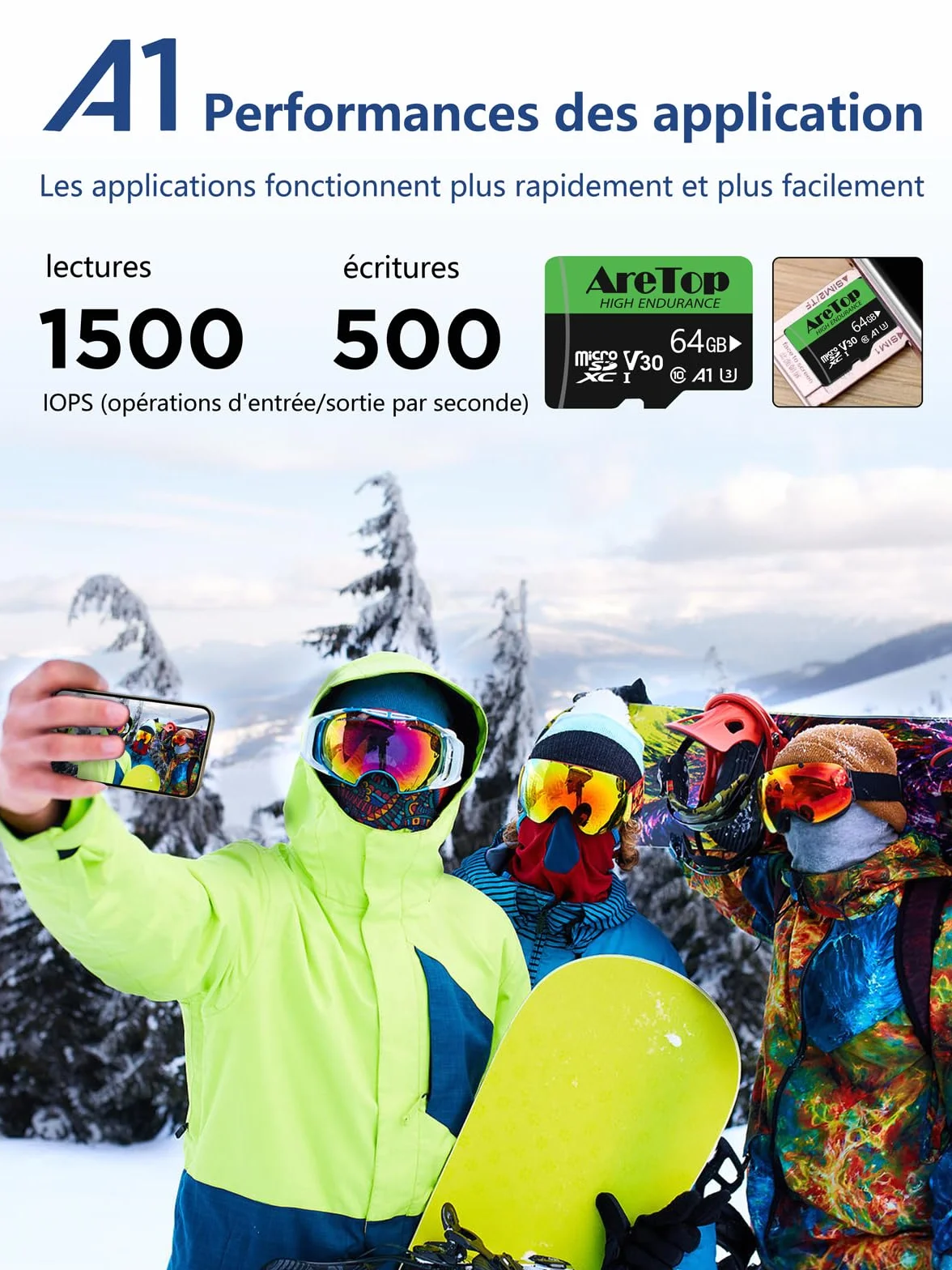 AreTop Carte Micro SD 64Go SDXC U3 V30 C10 A1 UHS-I Carte Mémoire avec Adaptateur