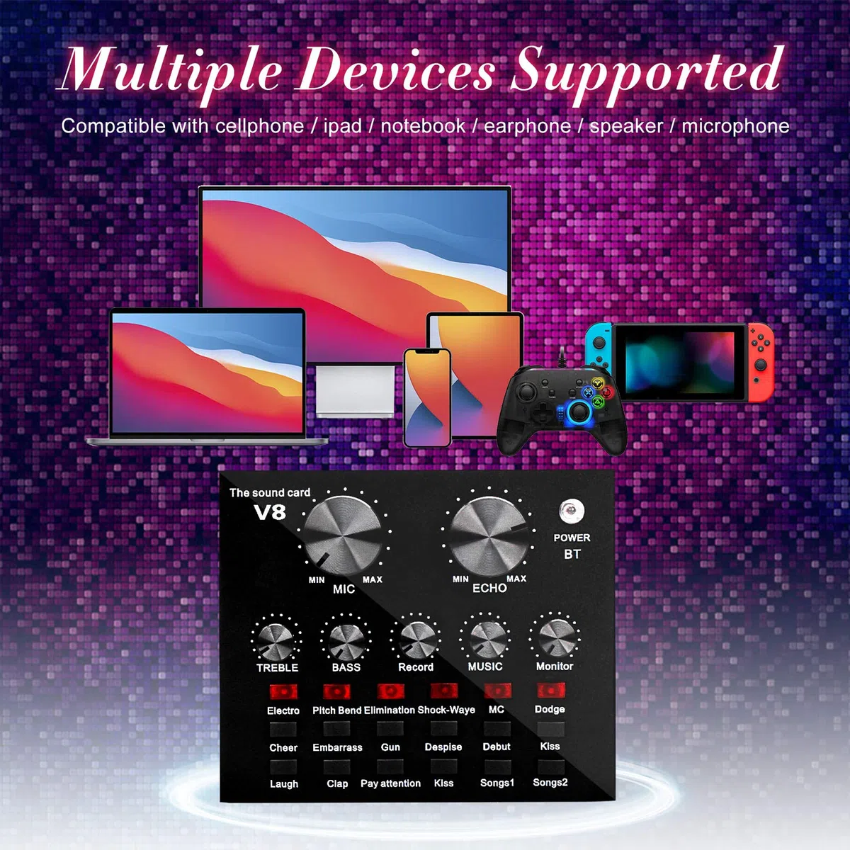 Carte Son, Carte Son multifonctionnelle en Direct, Ensemble de Microphones pour Carte Son, Ensemble de Microphones en métal pour Diffusion, Support réglable, 12 Effets sonores de Fond