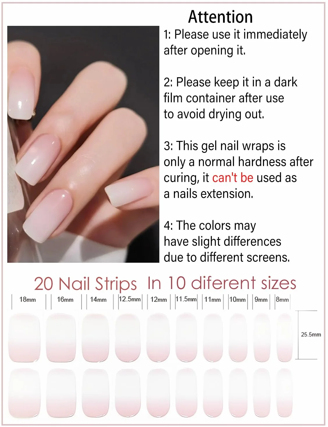 Autocollant Ongles Gel UV 20 pcs Gombre Rose Stickers Ongle Gel Semi-durci Bandes Autoadhésif Manucure