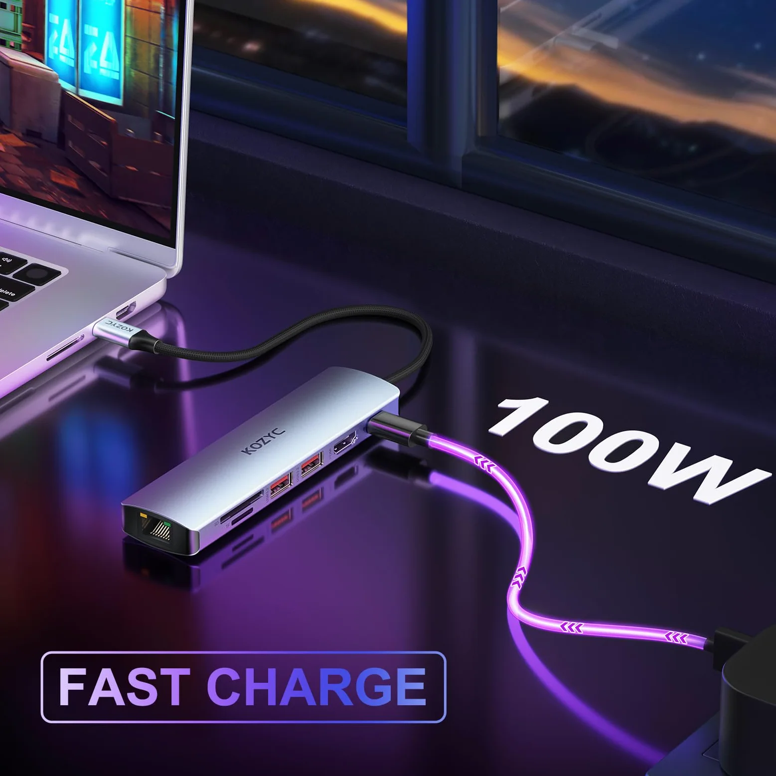 USB C Hub Ethernet Multiport Adapter, KOZYC 7-in-1 USB C Hub avec HDMI 4K@60Hz, 1Gbps Ethernet, 100W PD, 2 USB 3.2 10Gbps, SD/TF Card Slots Port, pour MacBook Air/Pro, XPS13/15, Dell