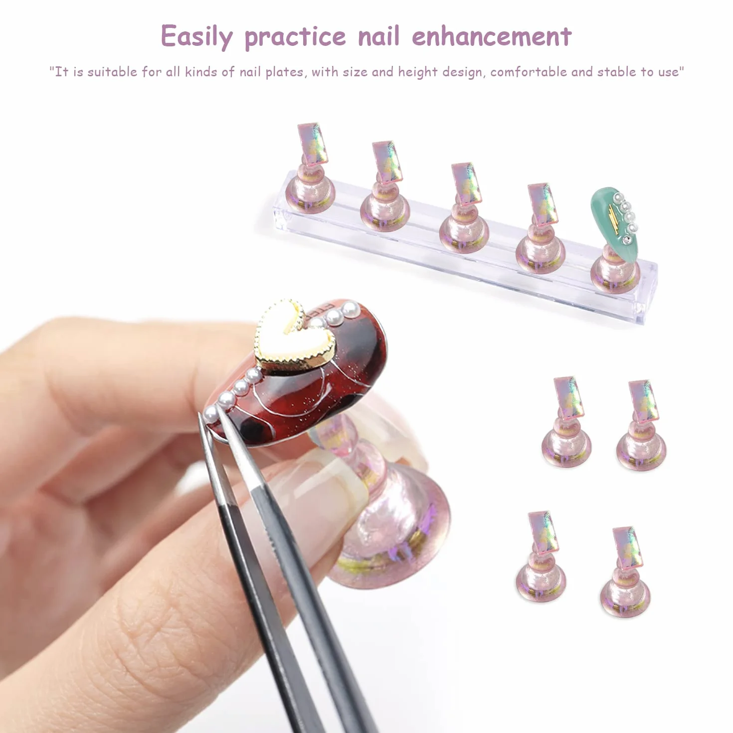 Support d'art d'ongle magnétique rose 10 pièces, présentoir peinture ongle outil pratique faux ongles avec 3 bases